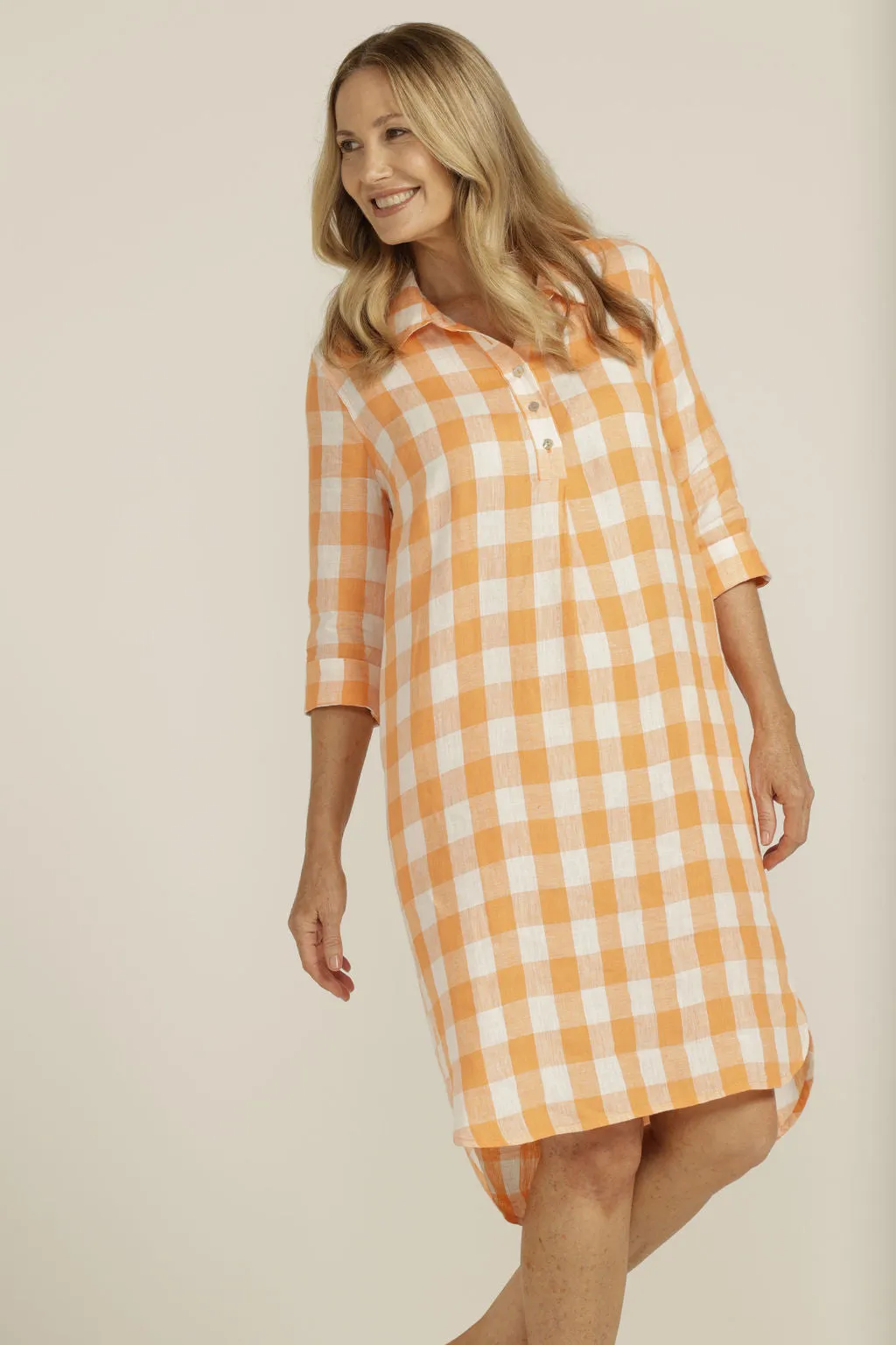 Linen Gingham 1/2 Placket Dress Apricot/White