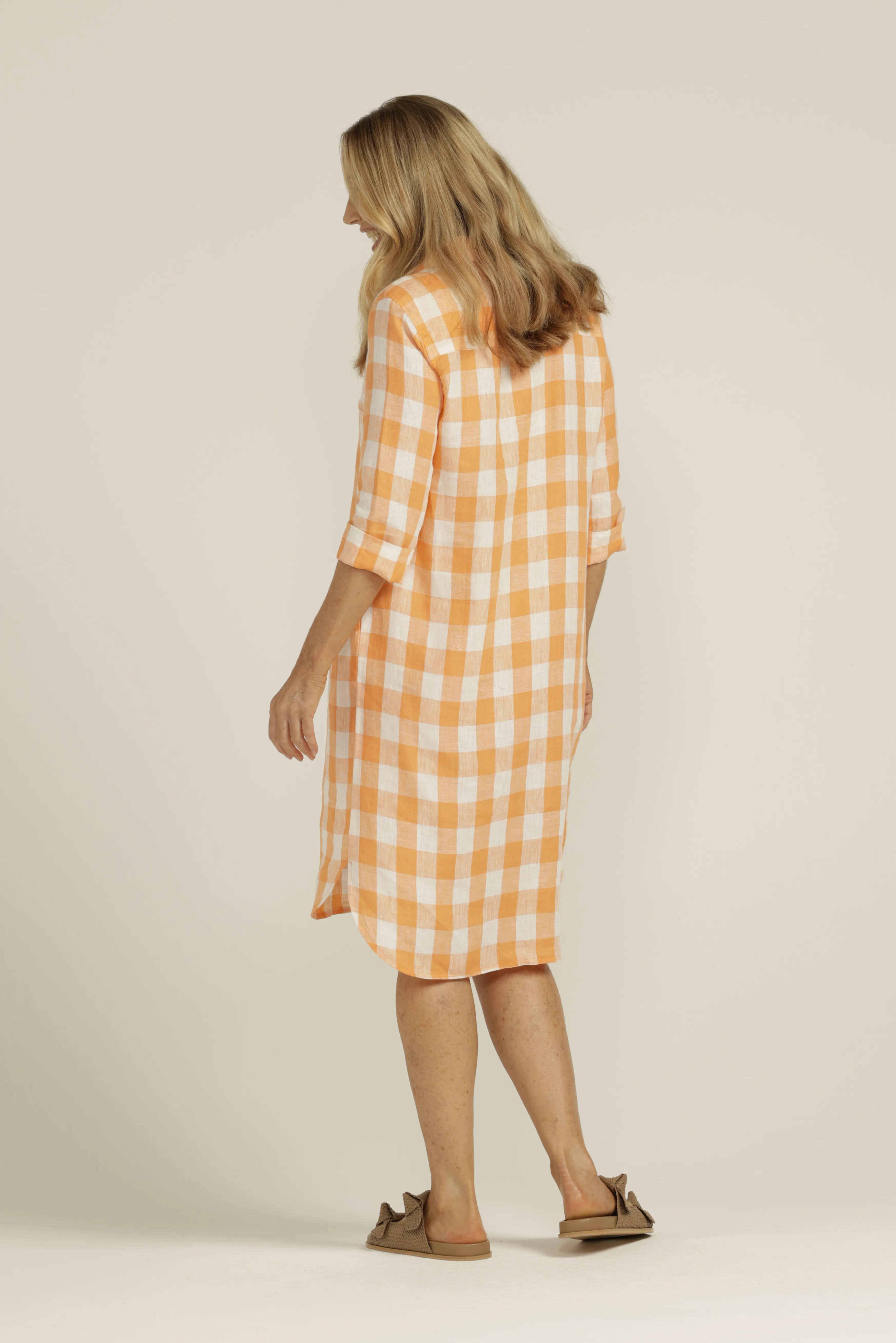 Linen Gingham 1/2 Placket Dress Apricot/White