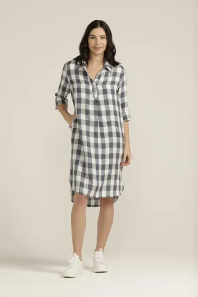 Linen Gingham 1/2 Placket Dress Navy/White