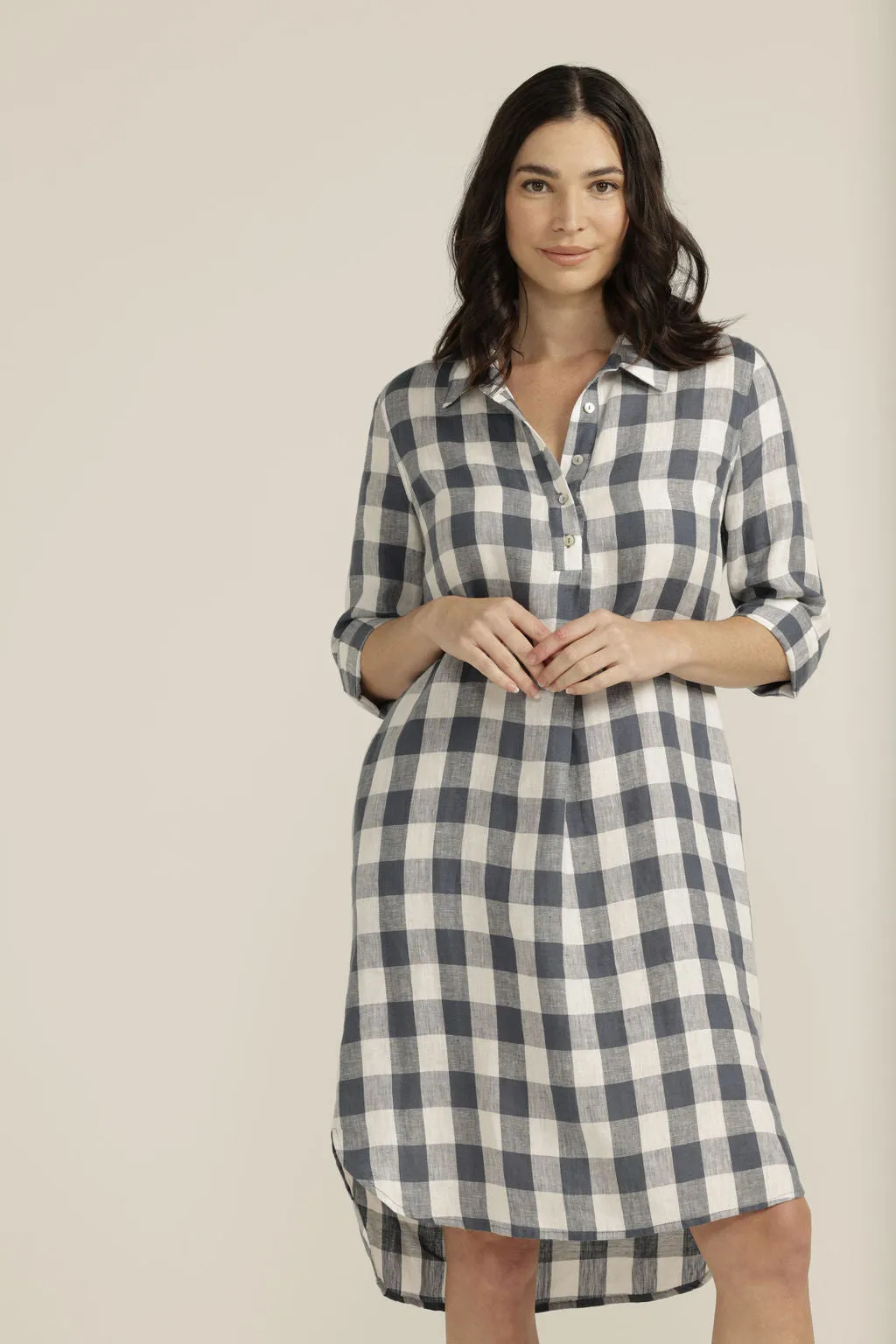 Linen Gingham 1/2 Placket Dress Navy/White