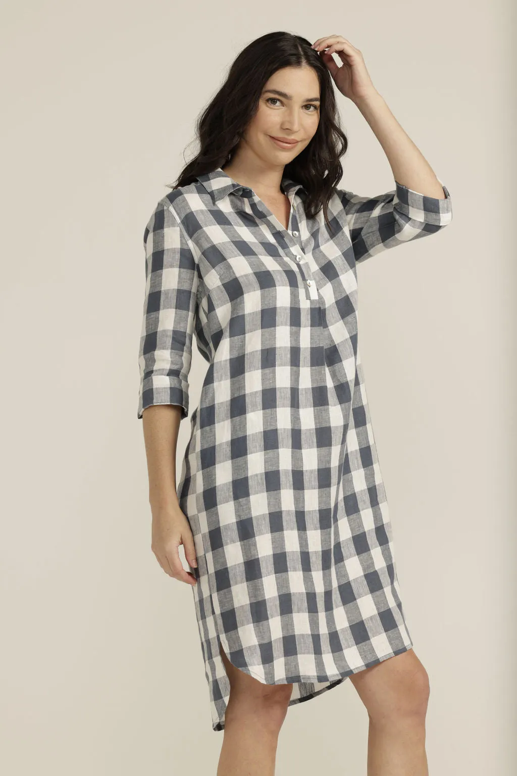 Linen Gingham 1/2 Placket Dress Navy/White