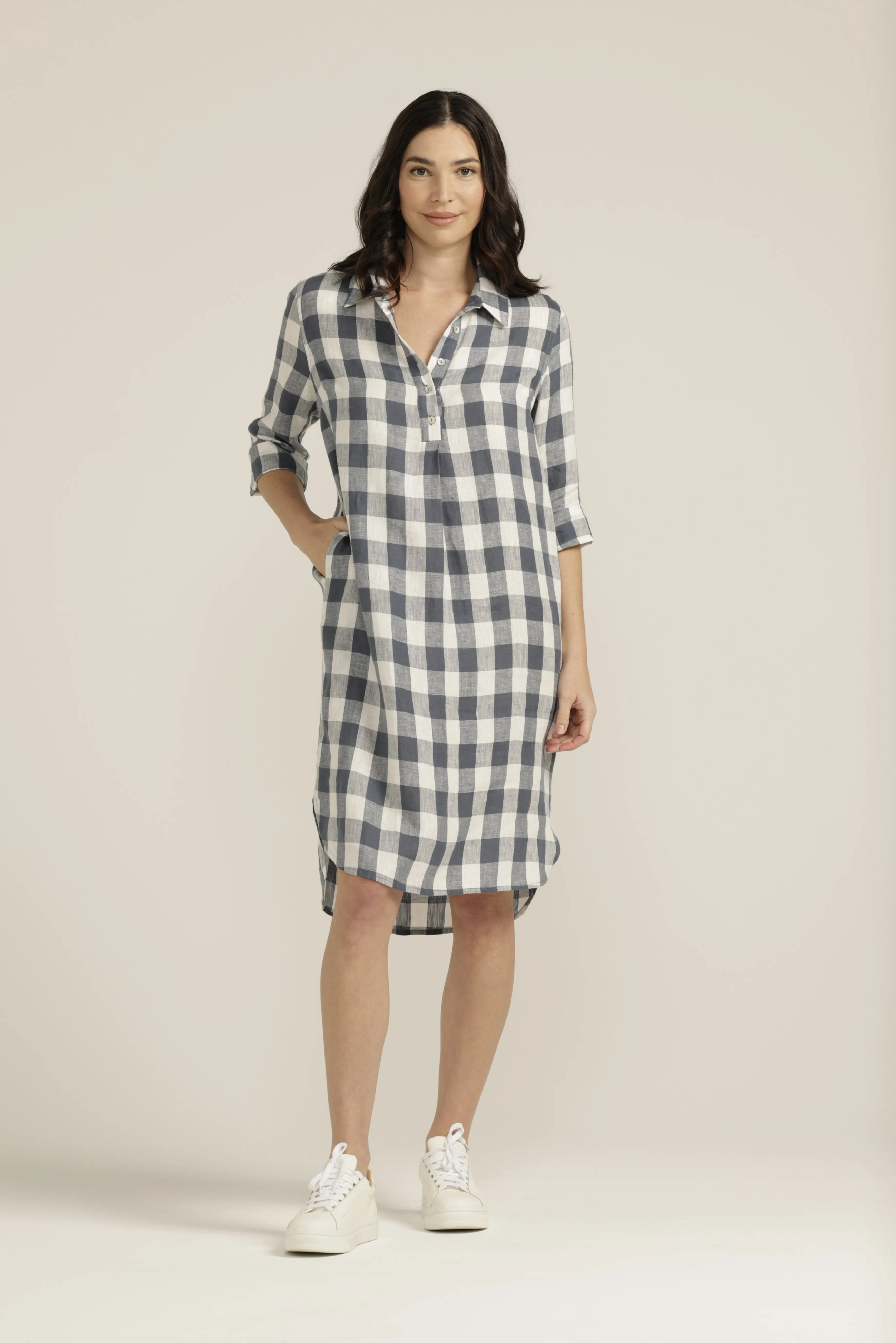 Linen Gingham 1/2 Placket Dress Navy/White