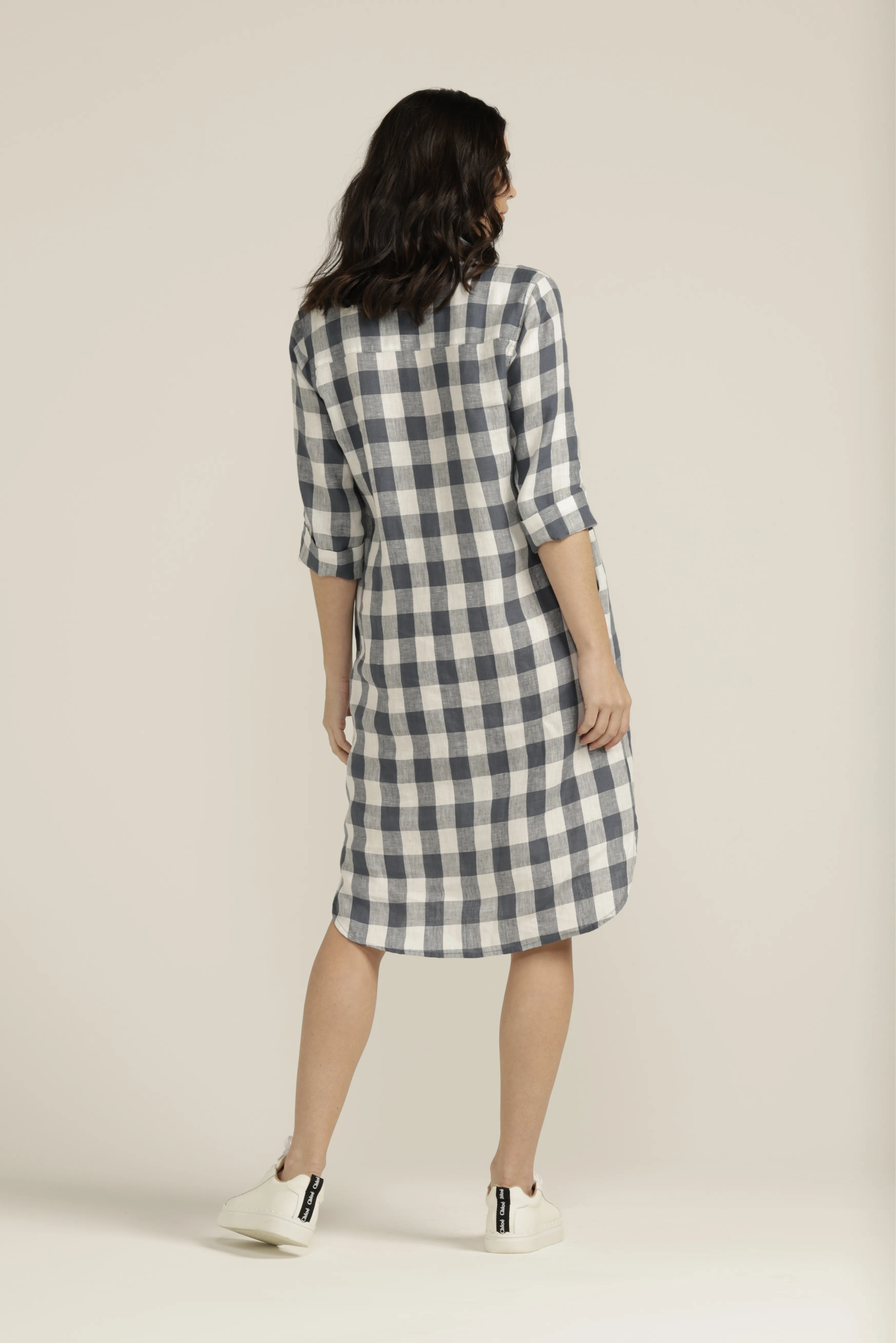 Linen Gingham 1/2 Placket Dress Navy/White