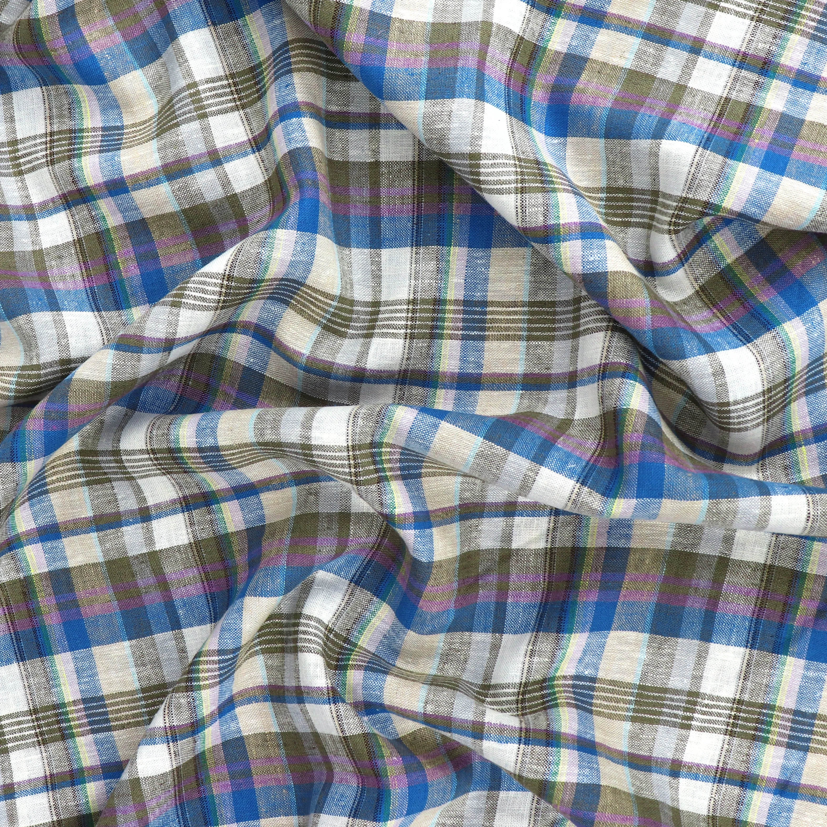 Linen Viscose - Yarn Dyed Check - Khaki, Blue   Purple - SALE