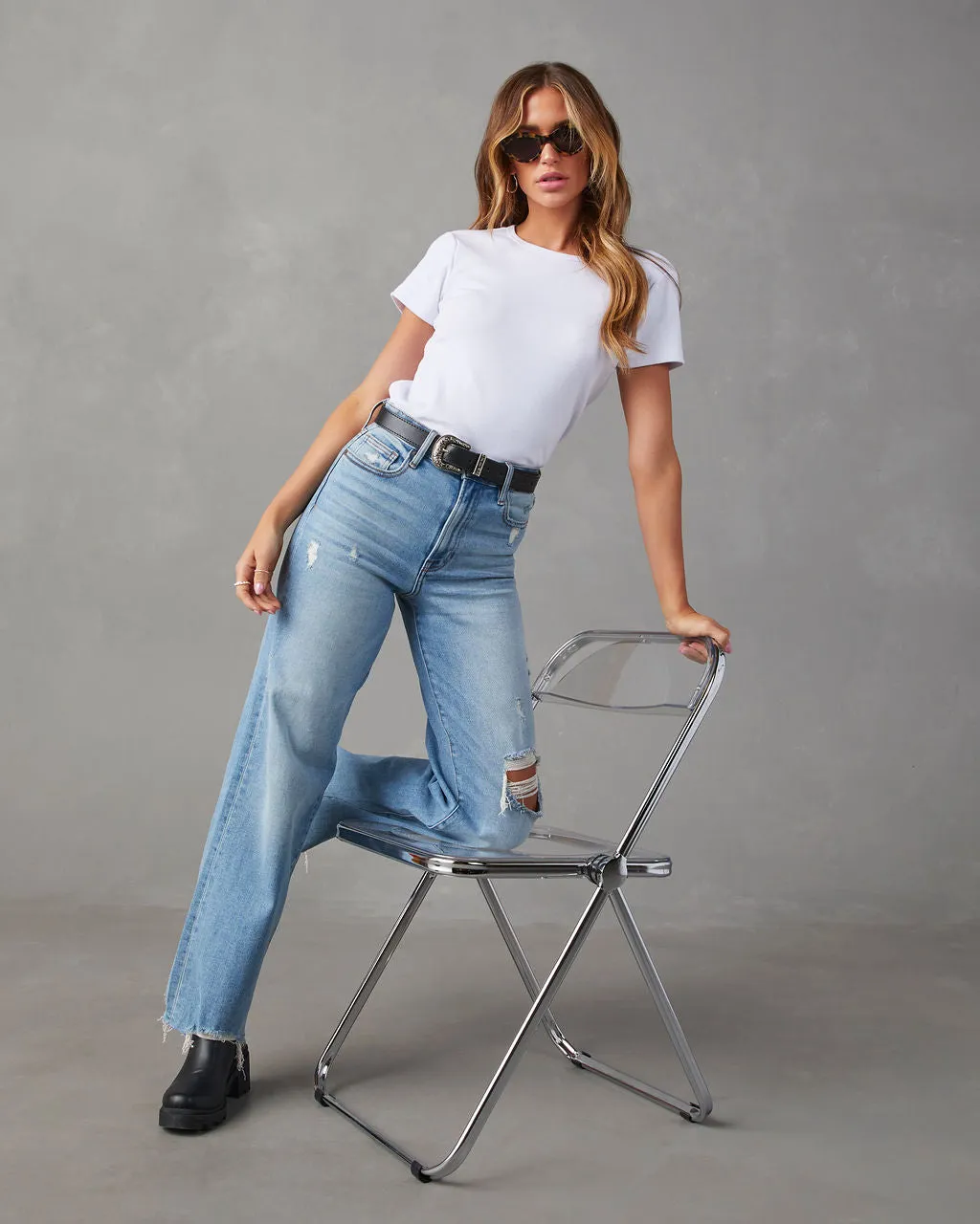 Lohan High Rise Distressed Wide Leg Jeans