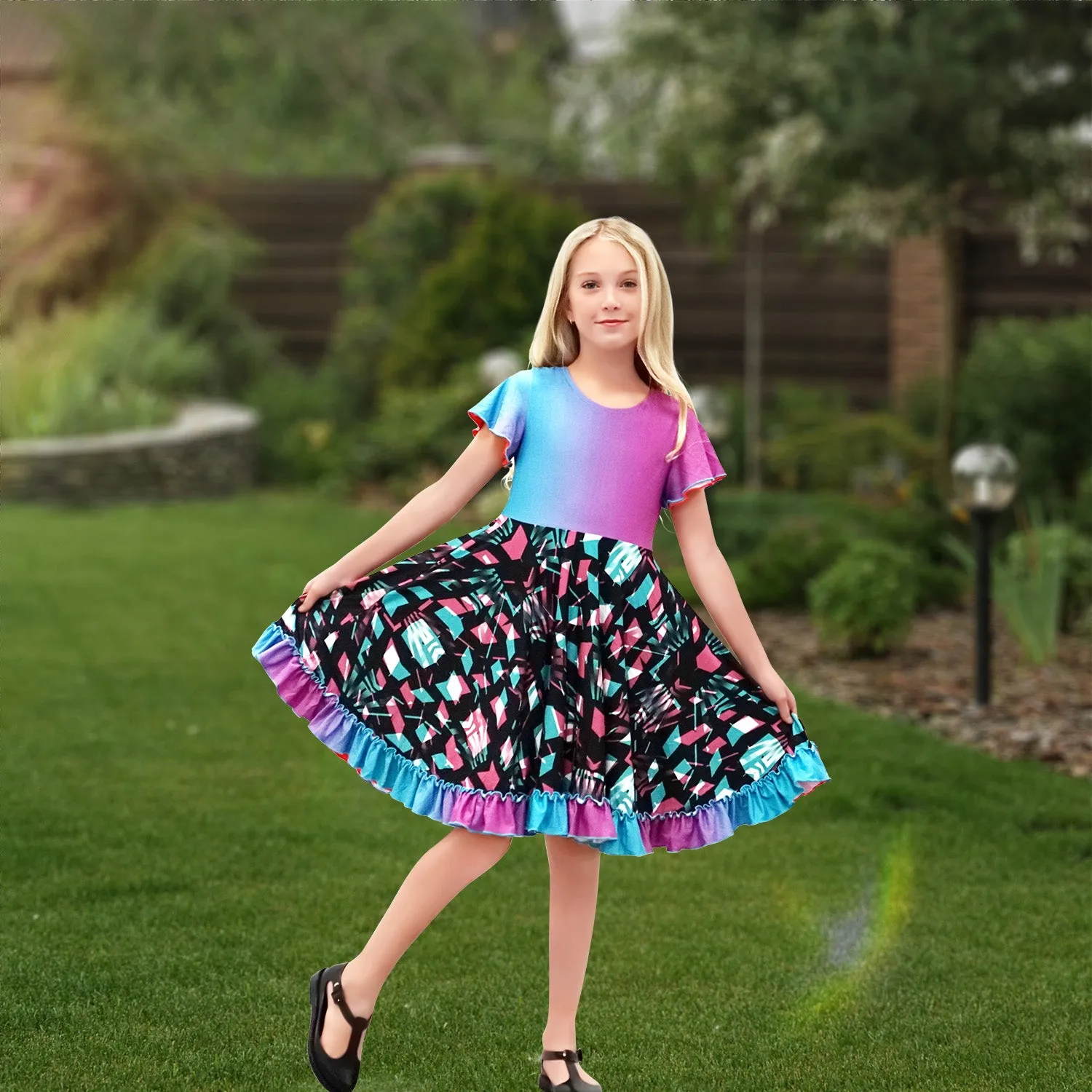 Lola Dress - Butterfly Ombré Twirling Reversible