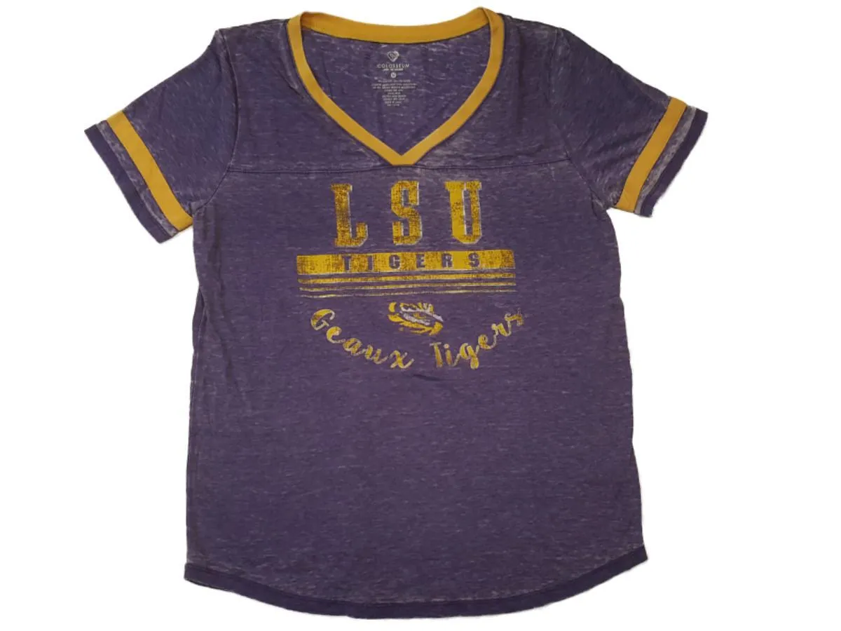 LSU Tigers Colosseum WOMEN Purple Yellow Burnout Short Sleeve V-Neck T-Shirt (M)