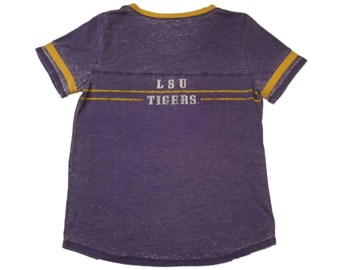 LSU Tigers Colosseum WOMEN Purple Yellow Burnout Short Sleeve V-Neck T-Shirt (M)