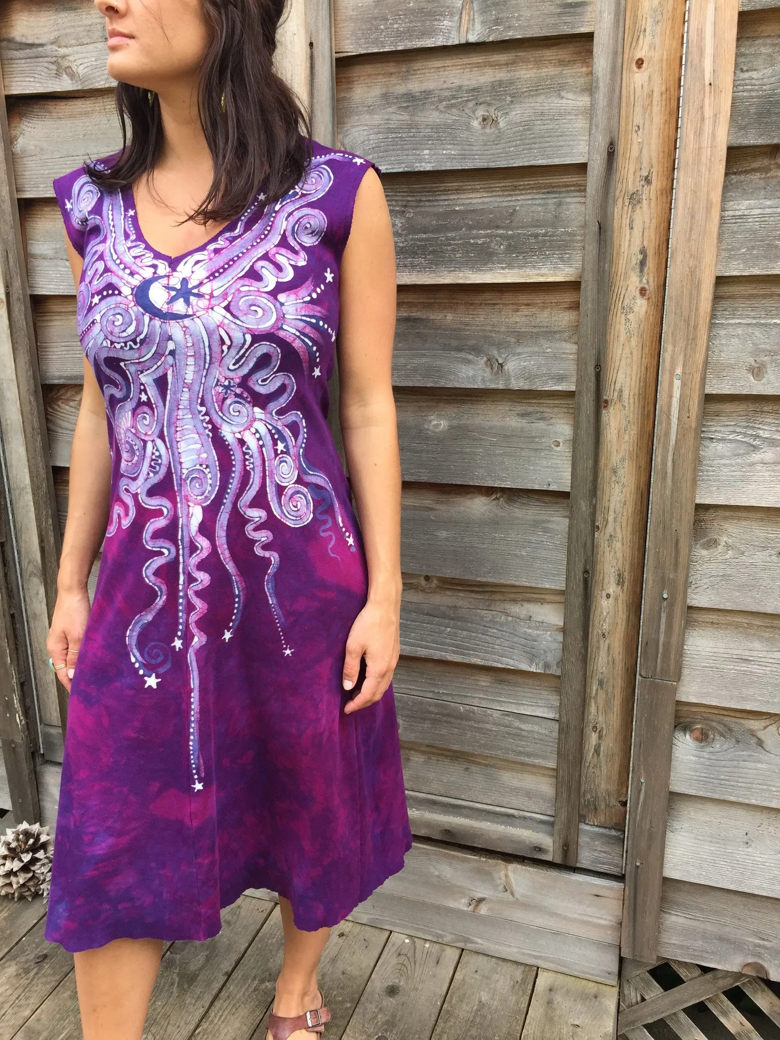 Magenta Moonbeams Organic Cotton Batik Dress - Midi Length