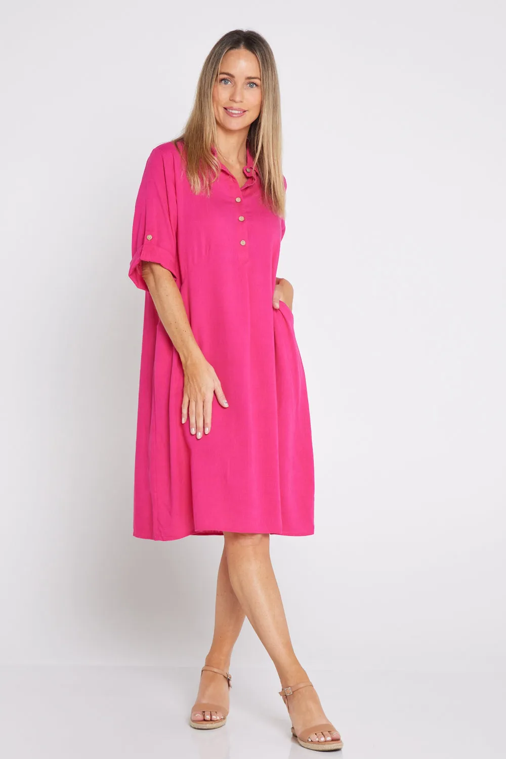 Maria Cotton & Linen Dress - Hot Pink