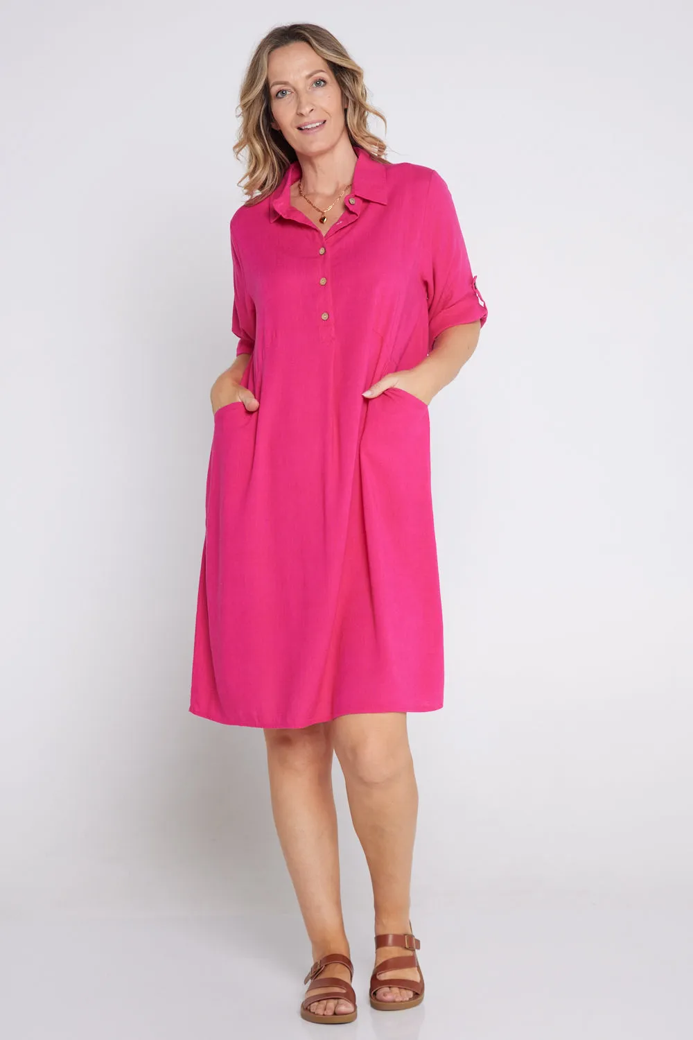 Maria Cotton & Linen Dress - Hot Pink