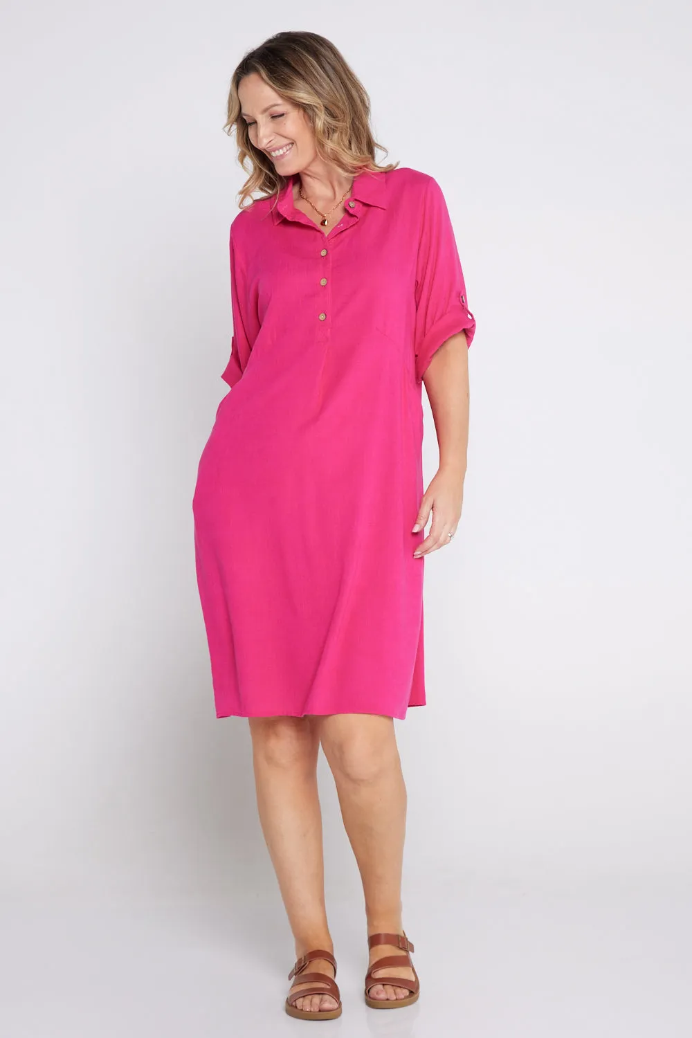 Maria Cotton & Linen Dress - Hot Pink