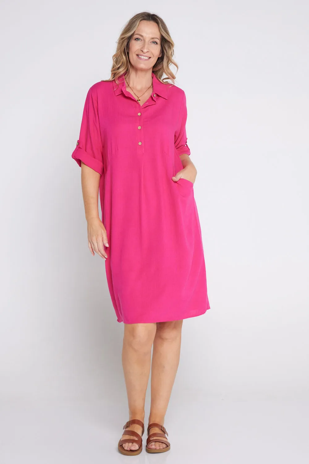 Maria Cotton & Linen Dress - Hot Pink