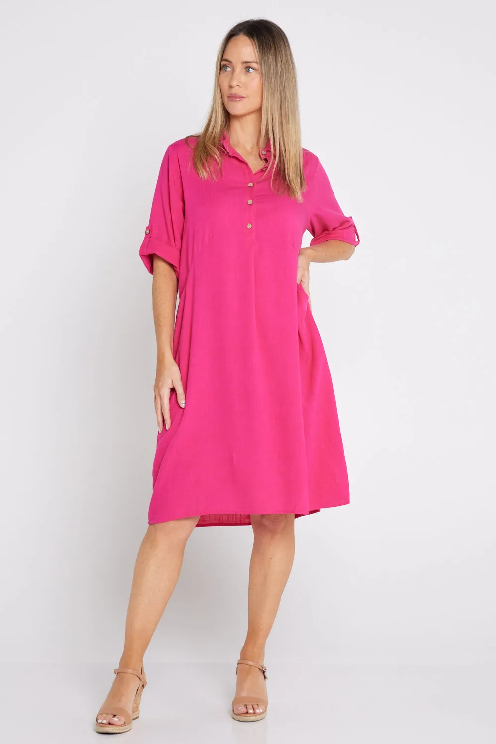 Maria Cotton & Linen Dress - Hot Pink