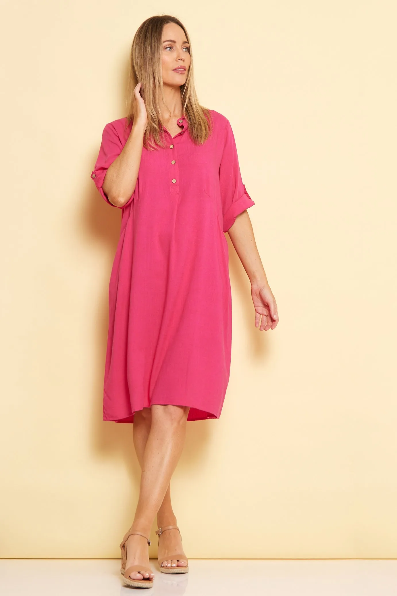 Maria Cotton & Linen Dress - Hot Pink