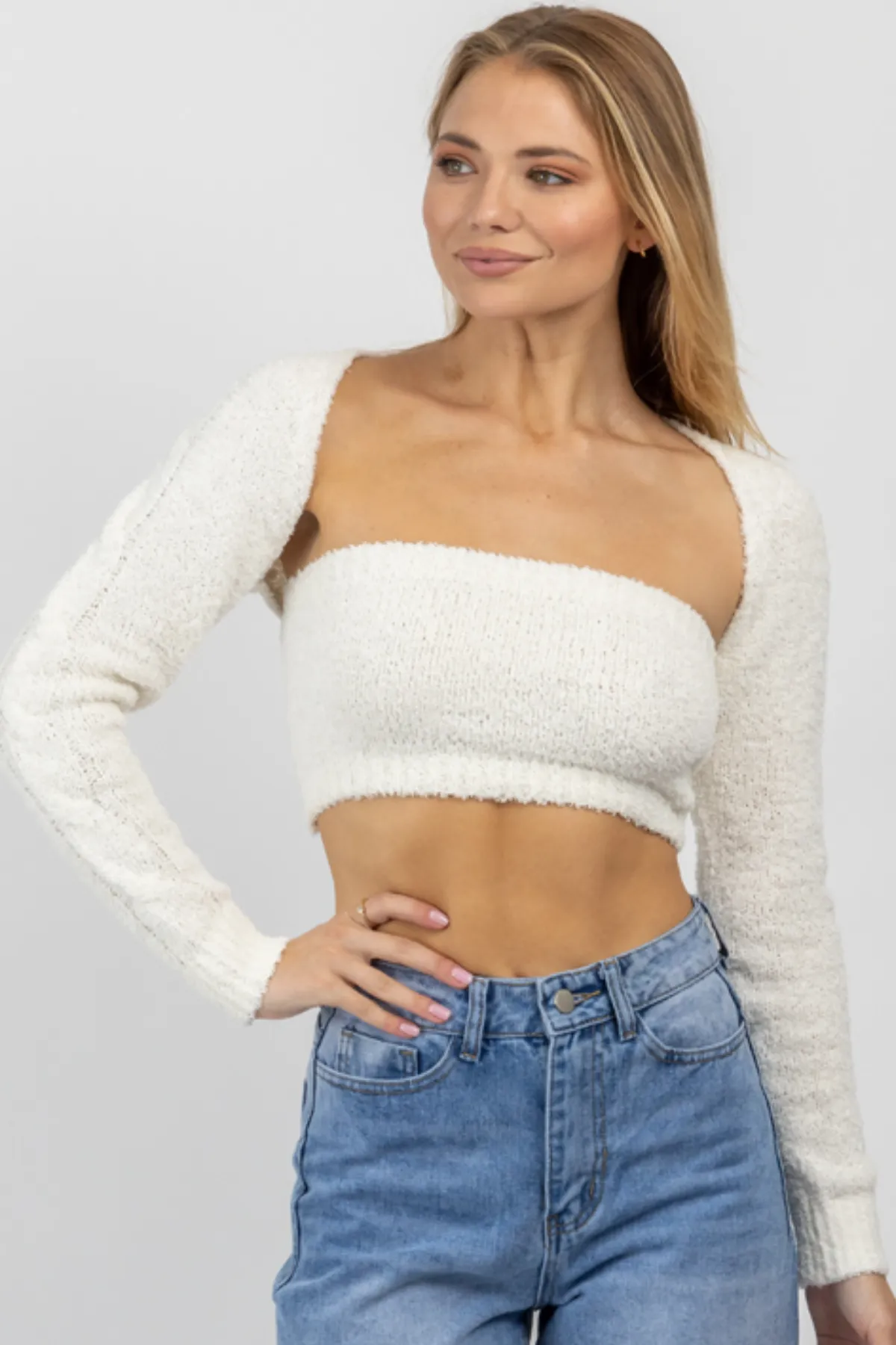 MATCH MADE IVORY FUZZY BOLERO TOP