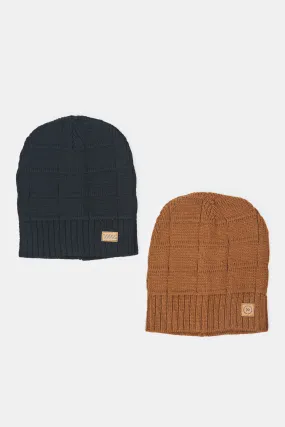 Men Beige And Navy Knitted Cap Set (Pack of 2)