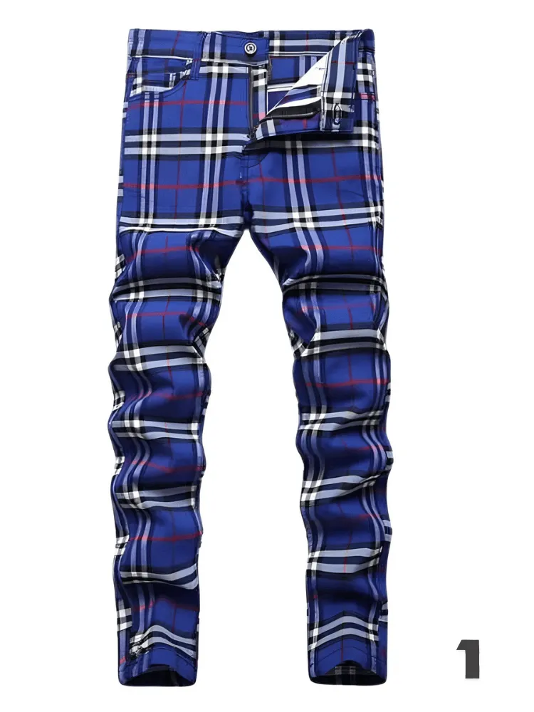 Men's Casual Plaid Pants High Stretch Straight Leg Trousers Slim Fit