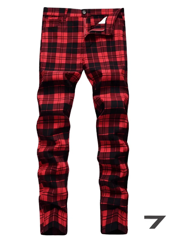 Men's Casual Plaid Pants High Stretch Straight Leg Trousers Slim Fit