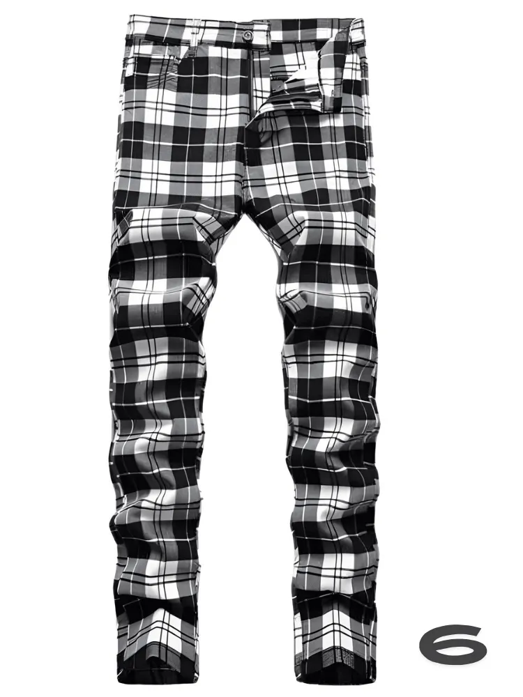 Men's Casual Plaid Pants High Stretch Straight Leg Trousers Slim Fit