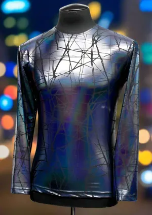 MEN'S LONG SLEEVE TEE - CRACKED HOLOGRAM FABRIC - BLUE/BLACK