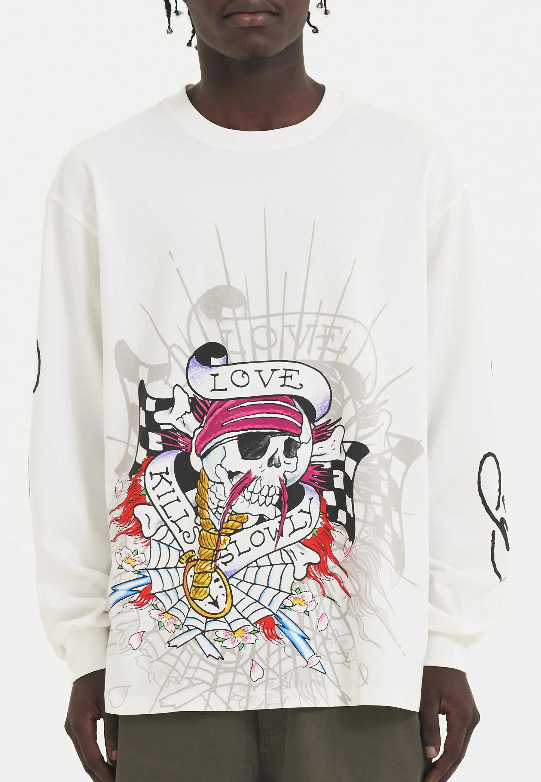 Mens Love Kills Slowly Skull Long Sleeve Tshirt - White