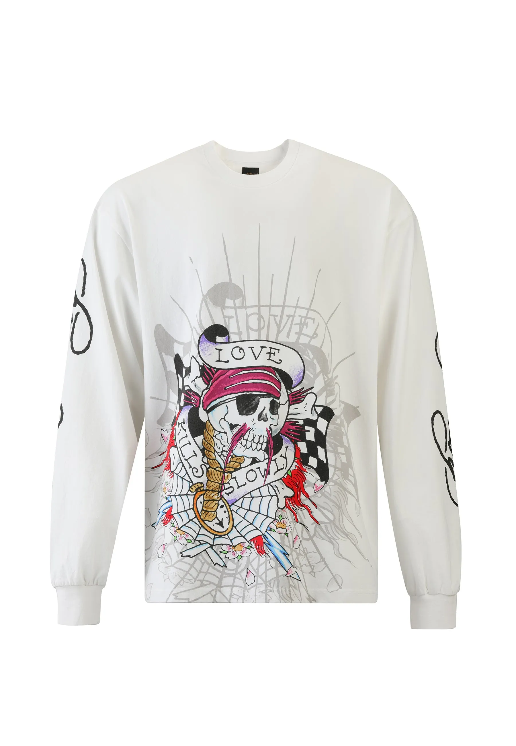 Mens Love Kills Slowly Skull Long Sleeve Tshirt - White