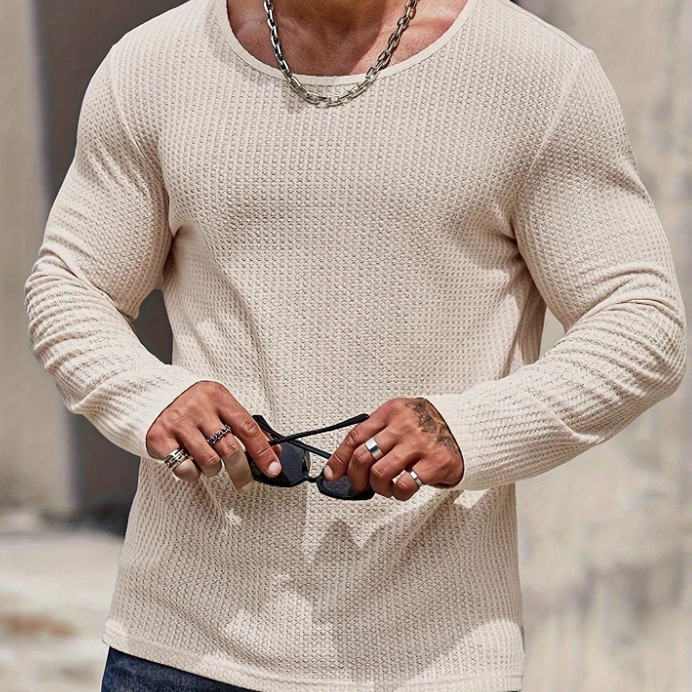 Men's Solid Color Knit Textured Sweater, Long Sleeve Crew Neck Retro Style Pullover Top As Gift