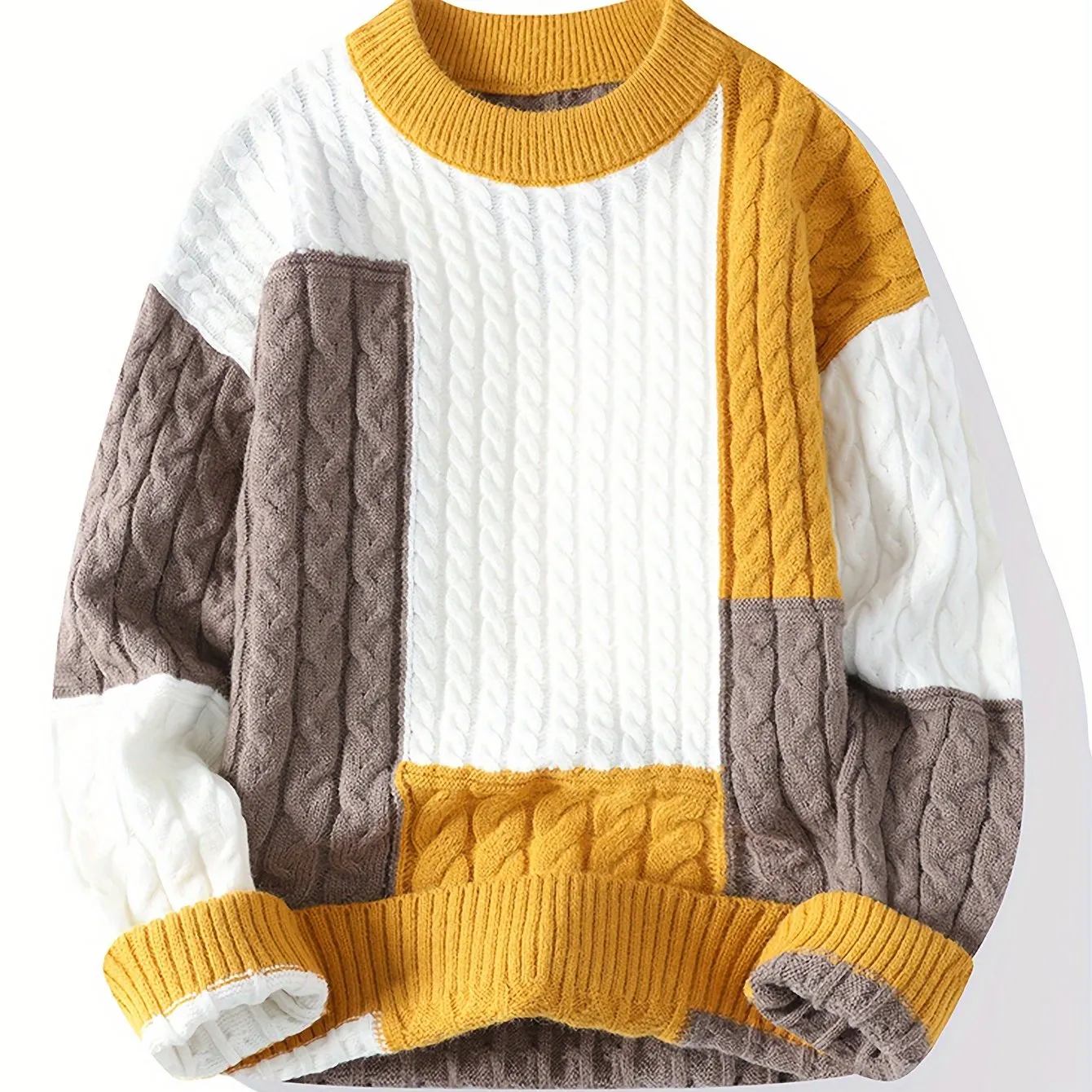 Men's Stylish Contrast Color All-match Knitted Pullover Sweater - Warm Comfy Ribbed Crew Neck Long Sleeve