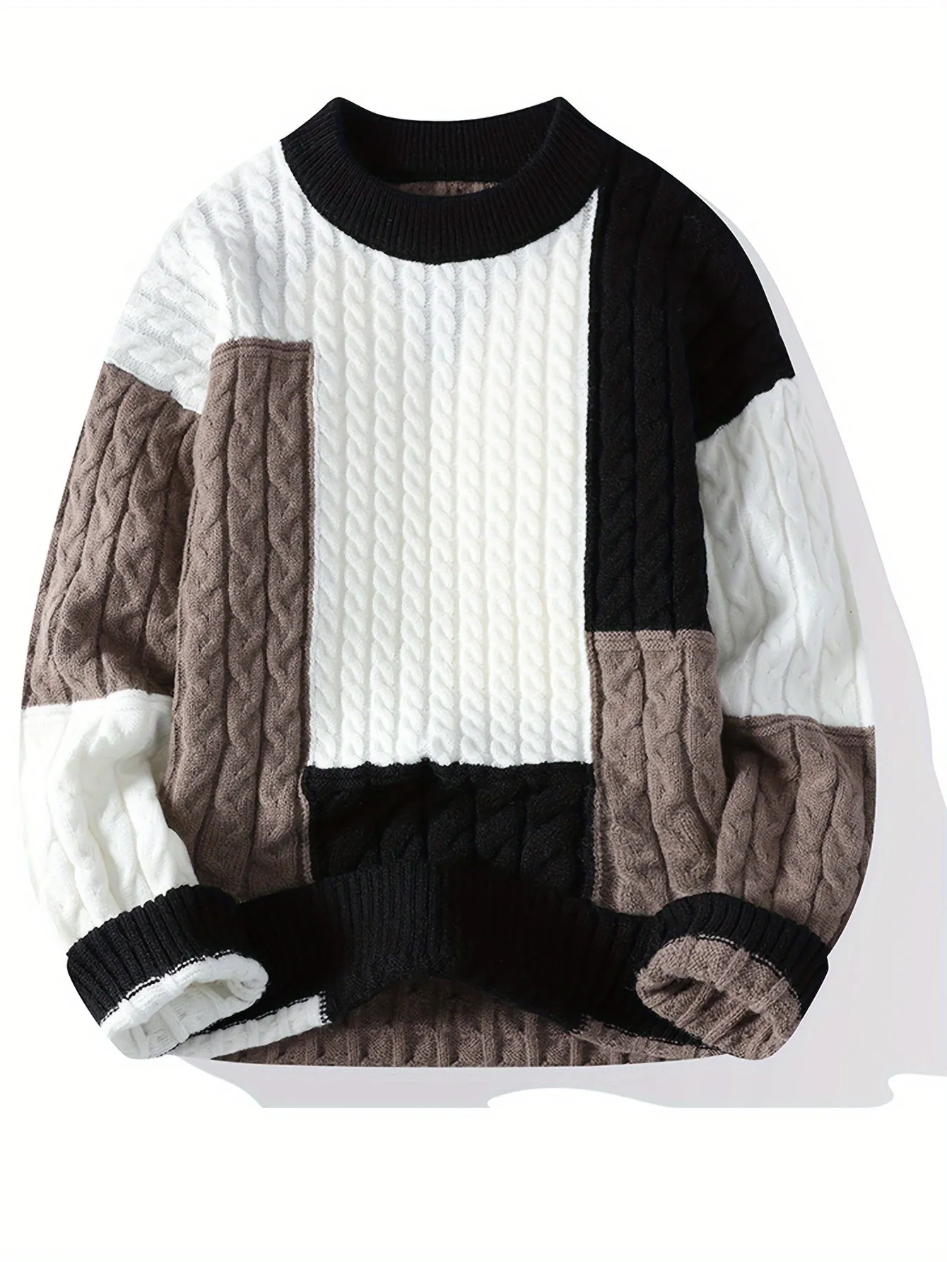 Men's Stylish Contrast Color All-match Knitted Pullover Sweater - Warm Comfy Ribbed Crew Neck Long Sleeve