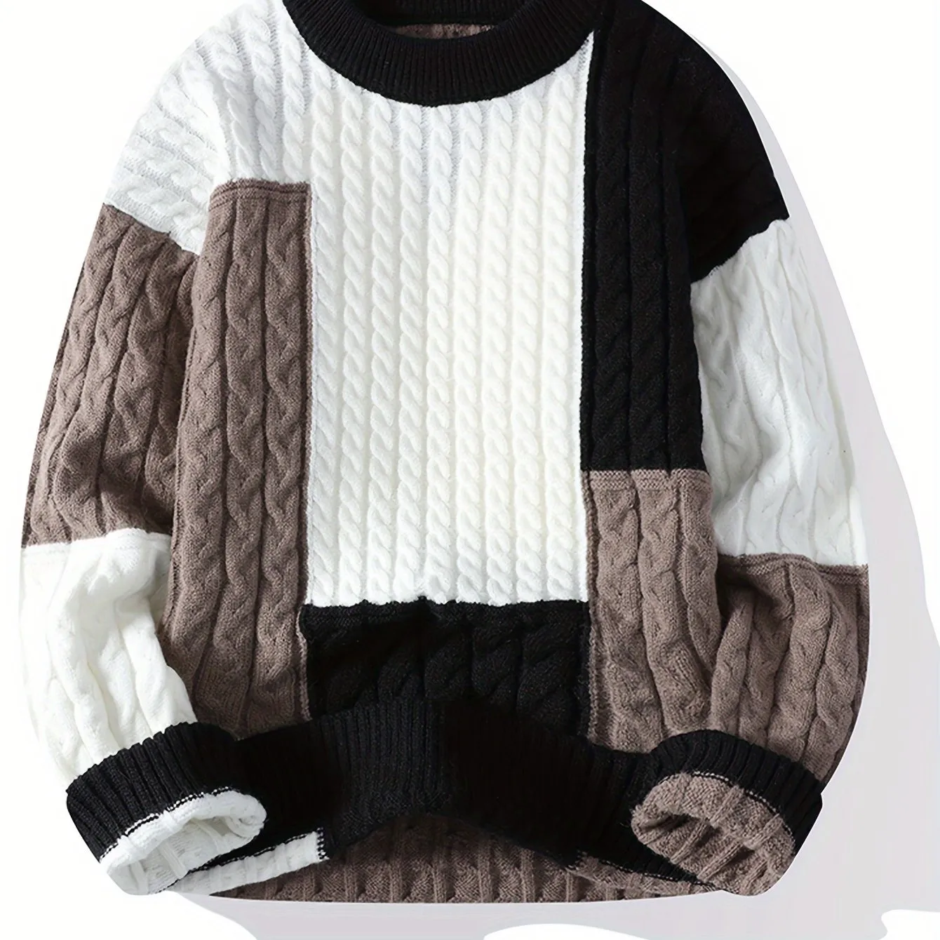 Men's Stylish Contrast Color All-match Knitted Pullover Sweater - Warm Comfy Ribbed Crew Neck Long Sleeve