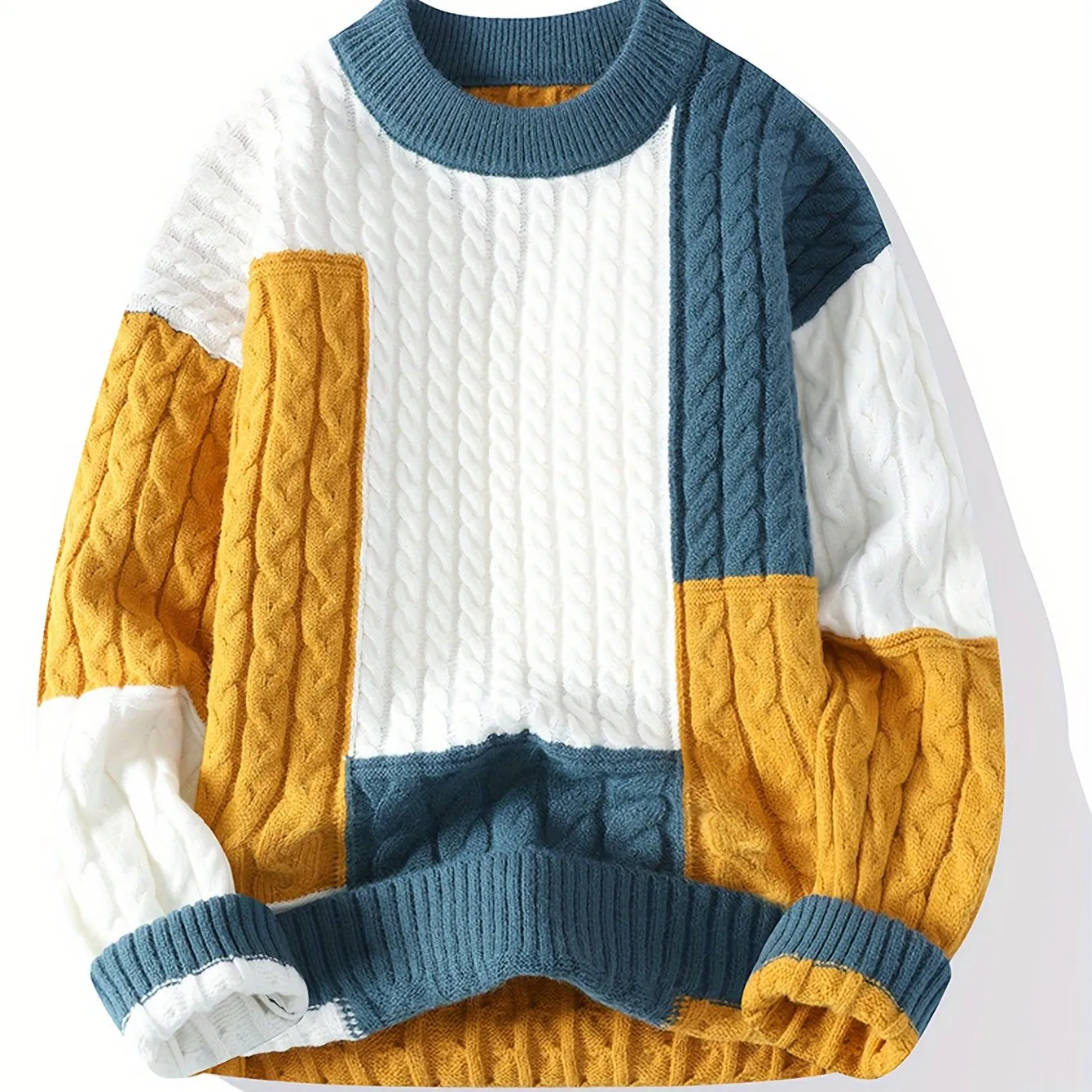 Men's Stylish Contrast Color All-match Knitted Pullover Sweater - Warm Comfy Ribbed Crew Neck Long Sleeve