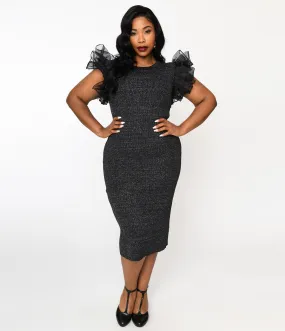 Metallic Black Ruffle Sleeved Knit Midi Wiggle Dress