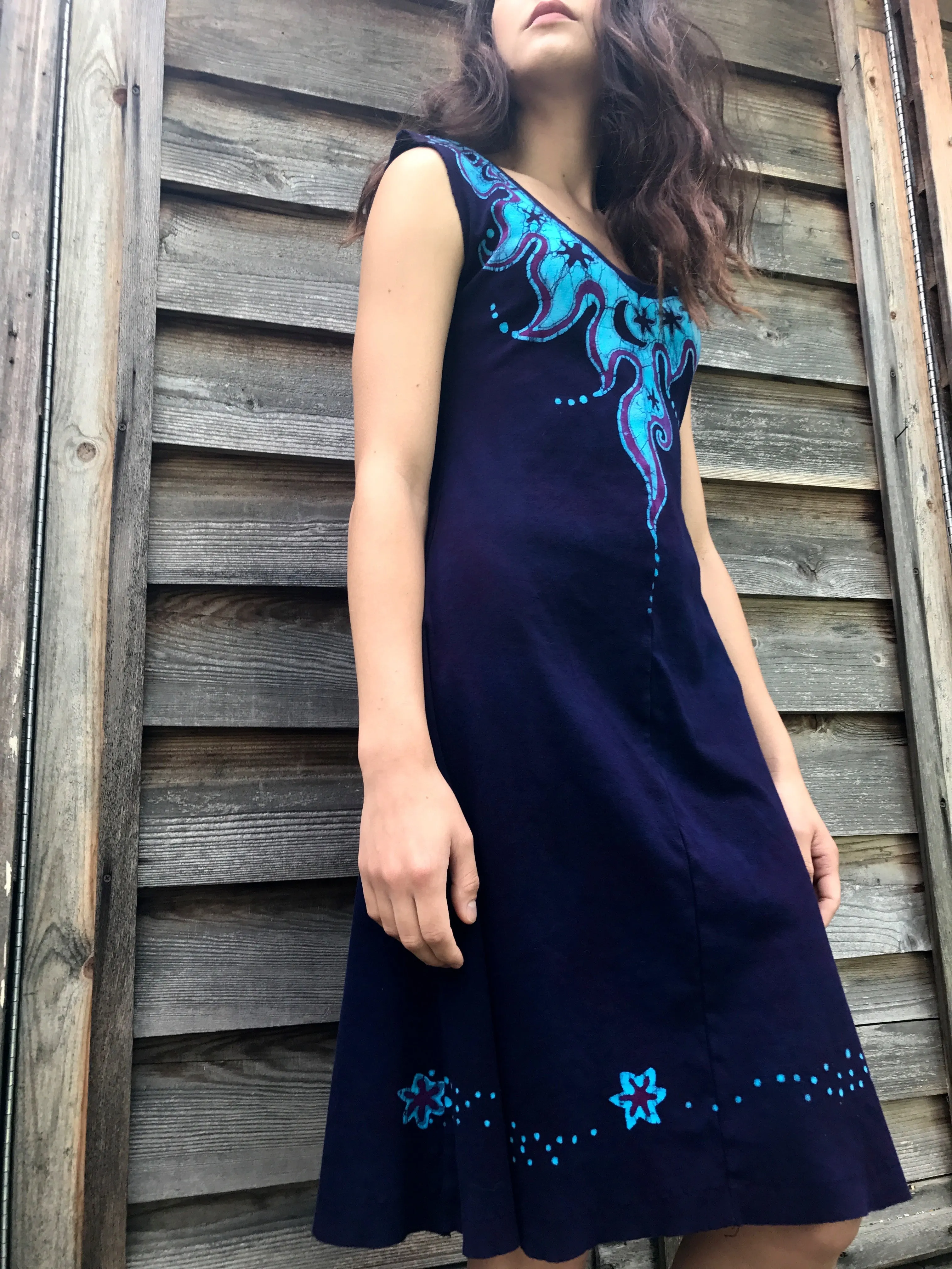 Midnight Artist in Purple and Blue Organic Cotton Batikwalla Dress - Size Medium