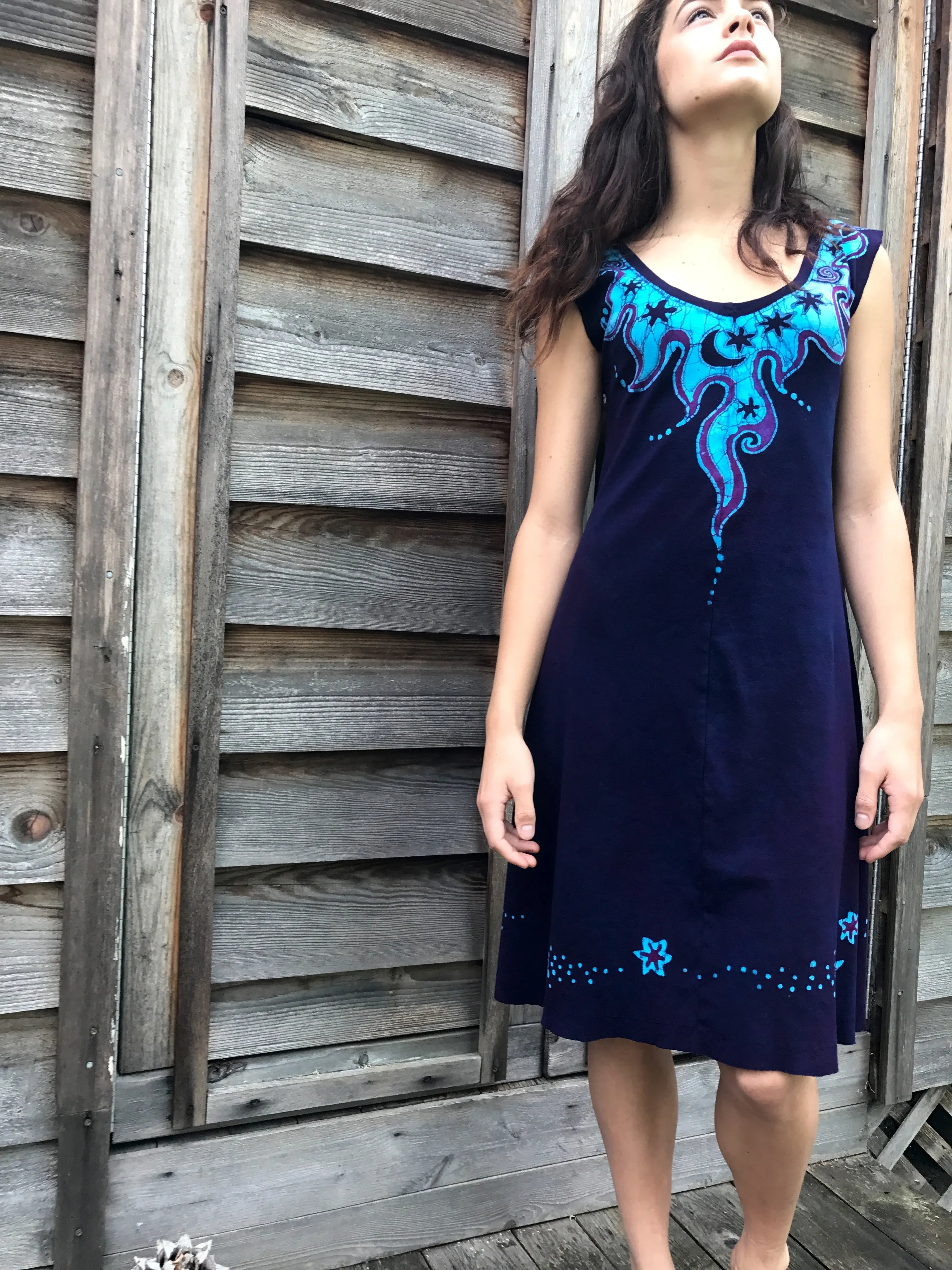 Midnight Artist in Purple and Blue Organic Cotton Batikwalla Dress - Size Medium