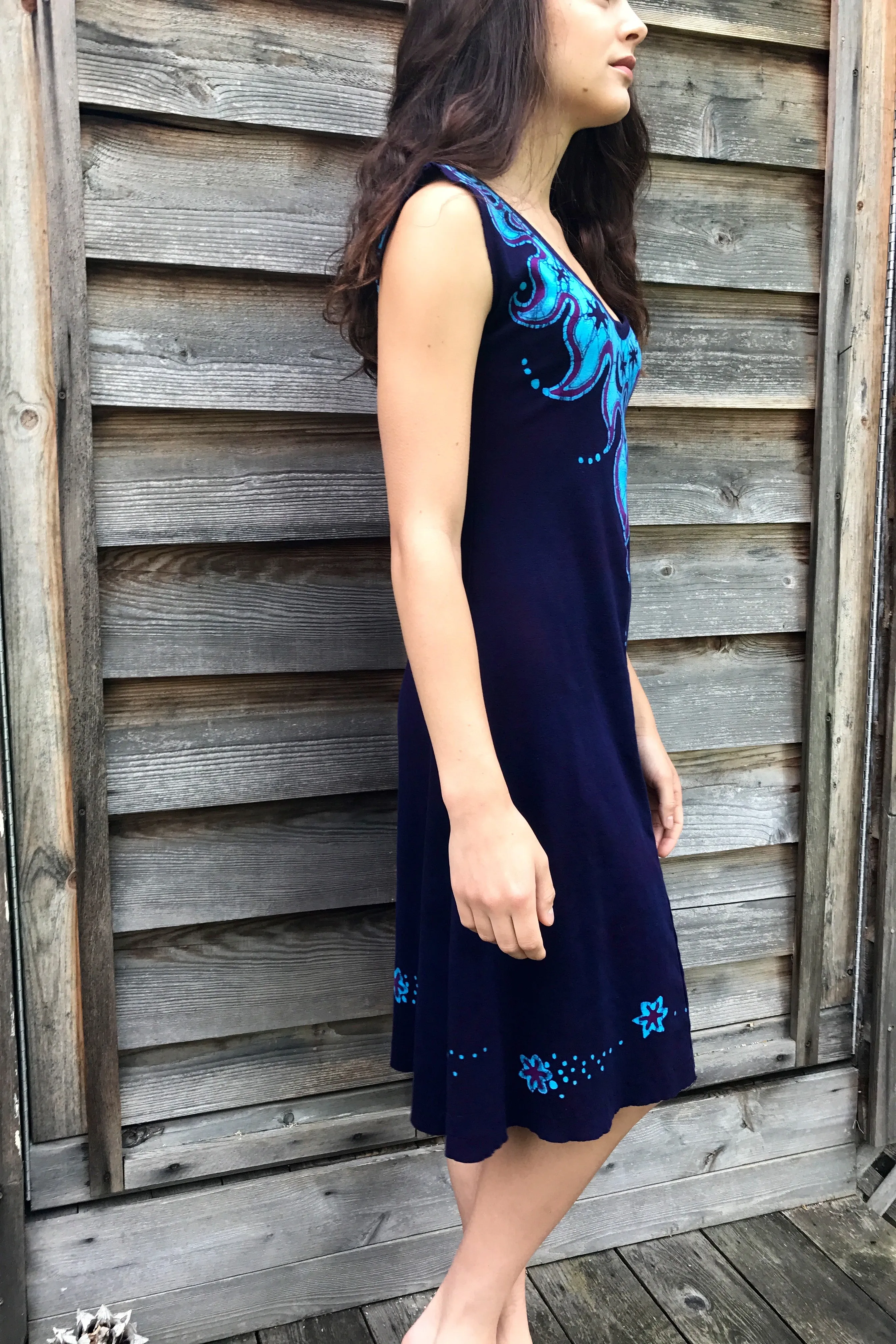 Midnight Artist in Purple and Blue Organic Cotton Batikwalla Dress - Size Medium