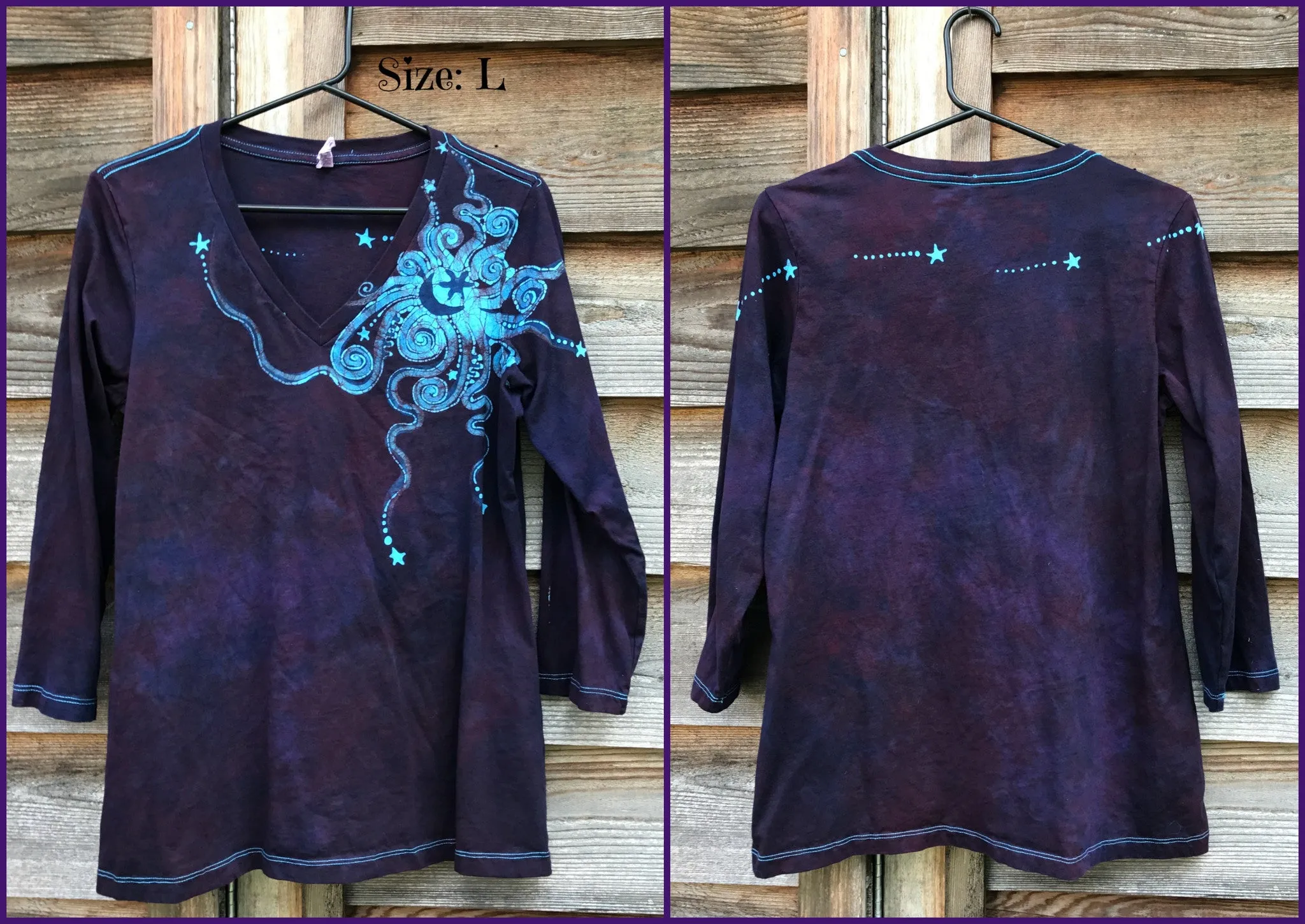 Midnight Blue and Purple Moon Star Batik - 3/4 Sleeve Top