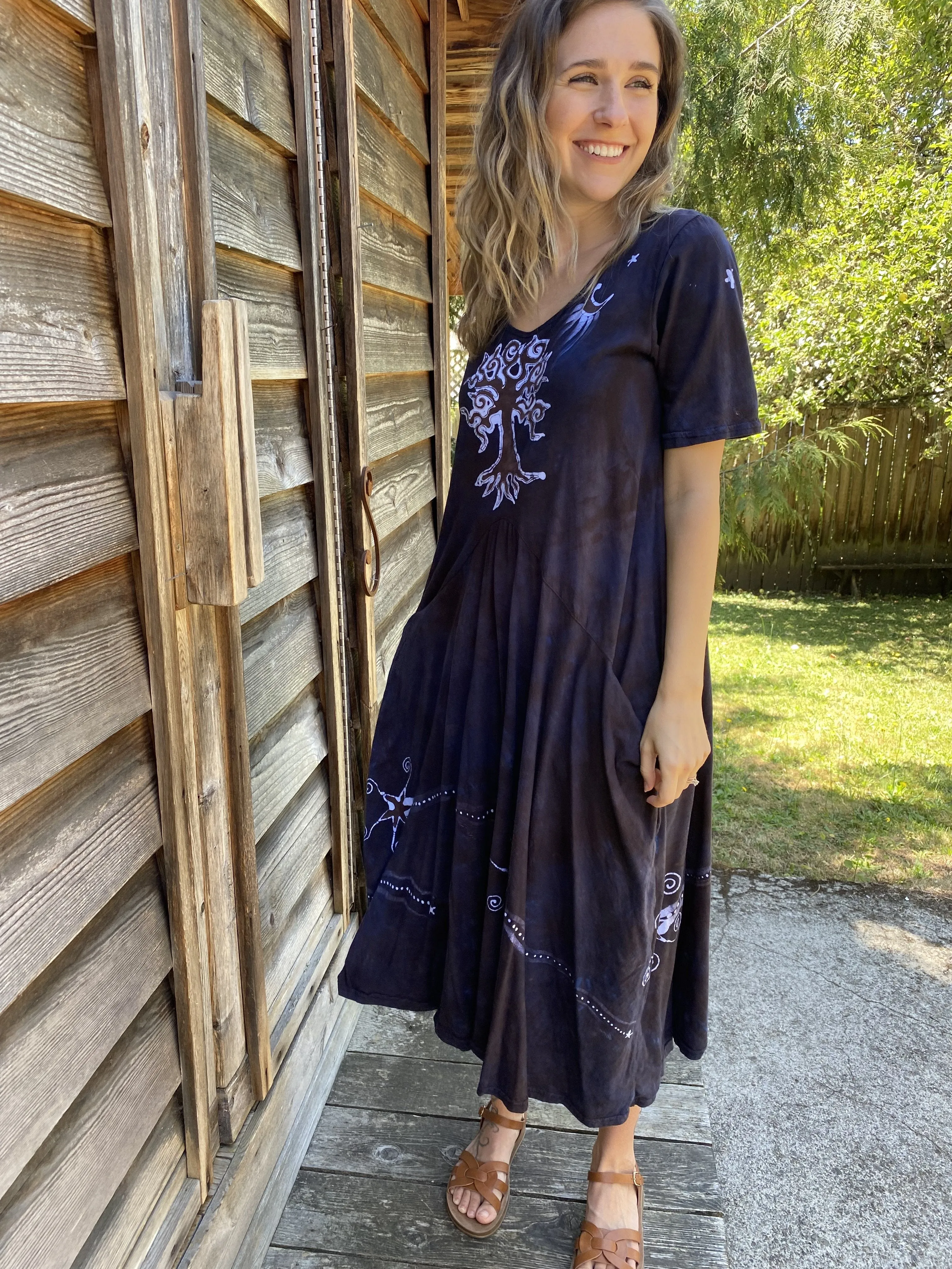 Mystic Woodland Hand Painted Short Sleeve Dress With Pockets - Size XL