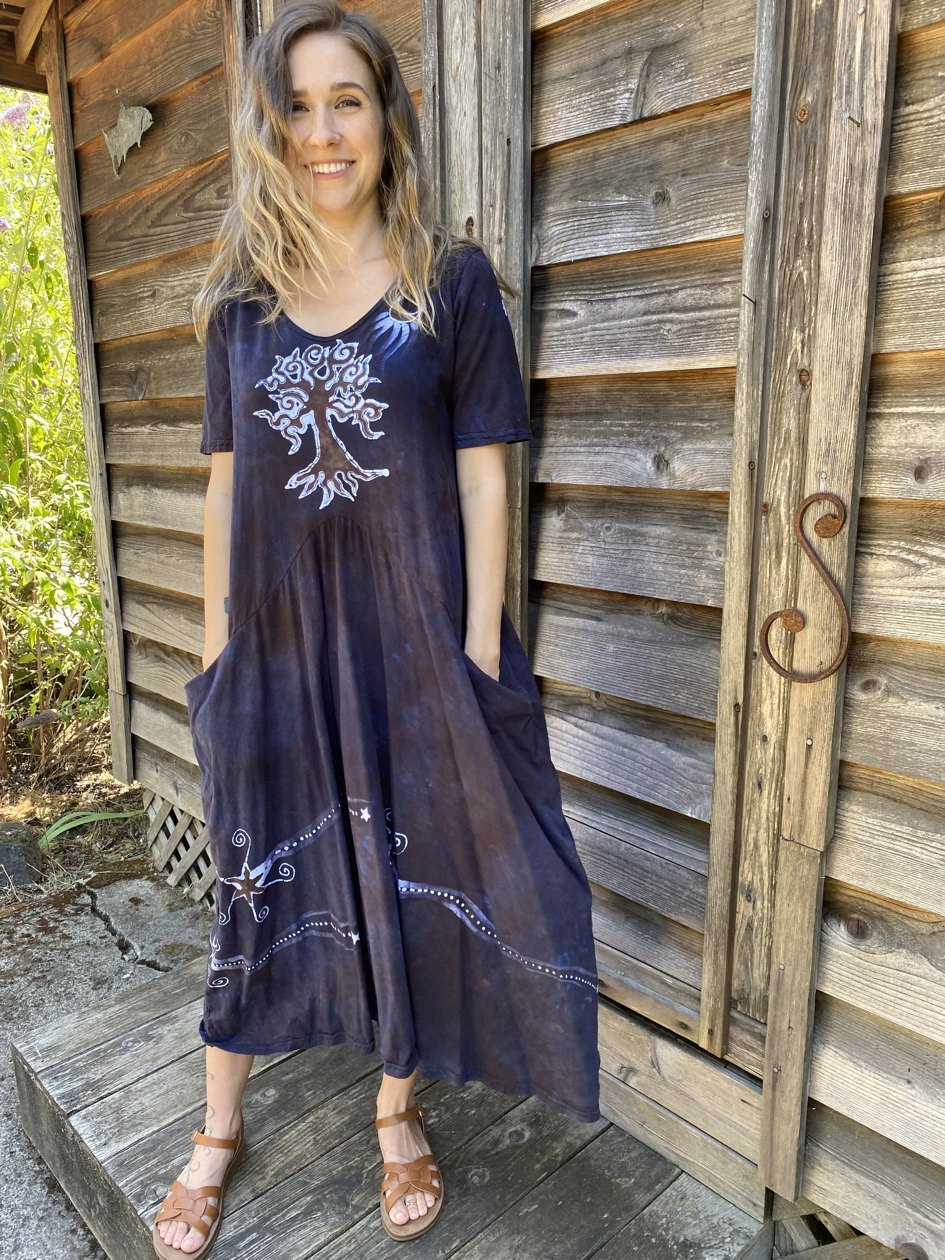 Mystic Woodland Hand Painted Short Sleeve Dress With Pockets - Size XL