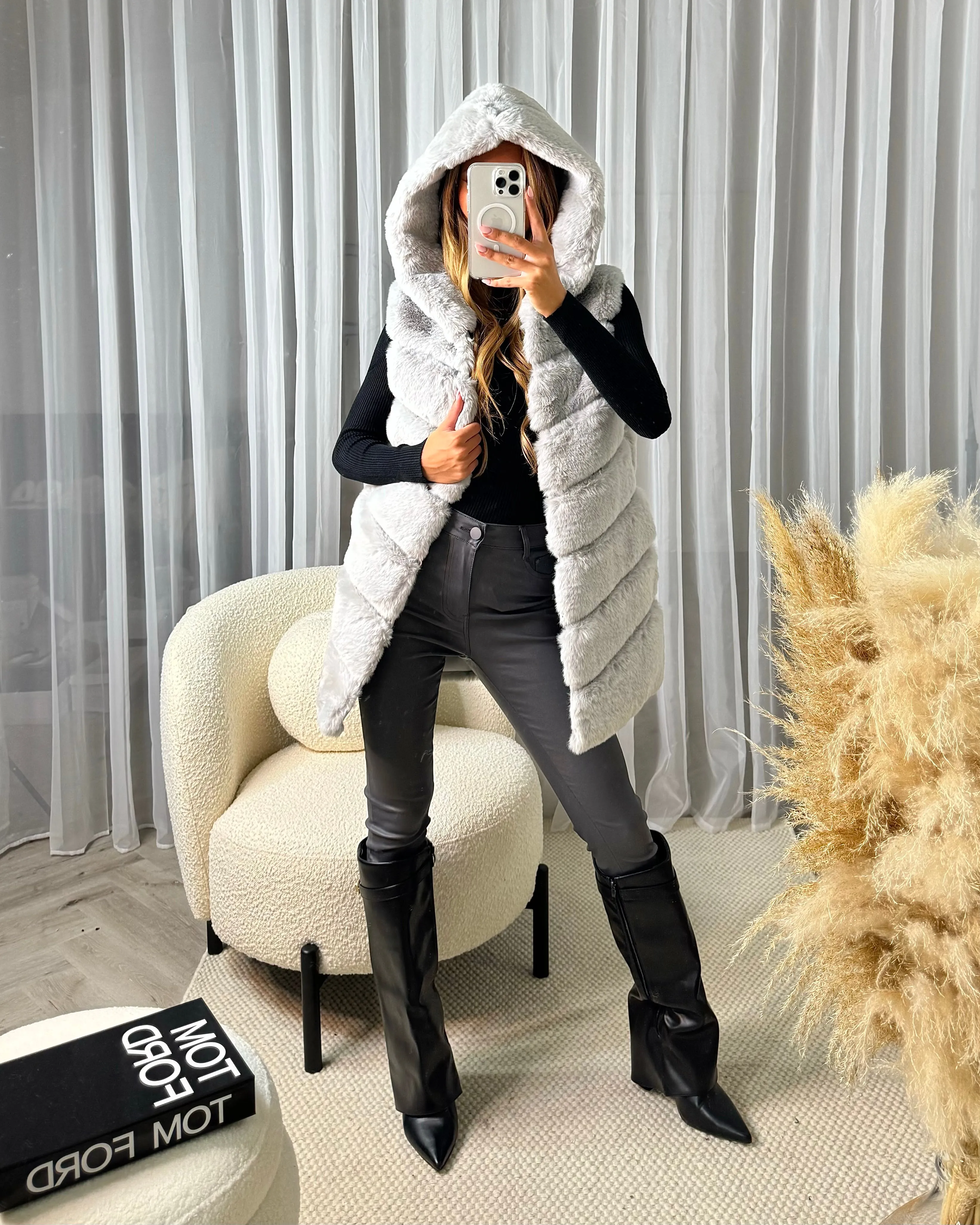 Naomi Faux Fur Gilet with Hood - Light Grey