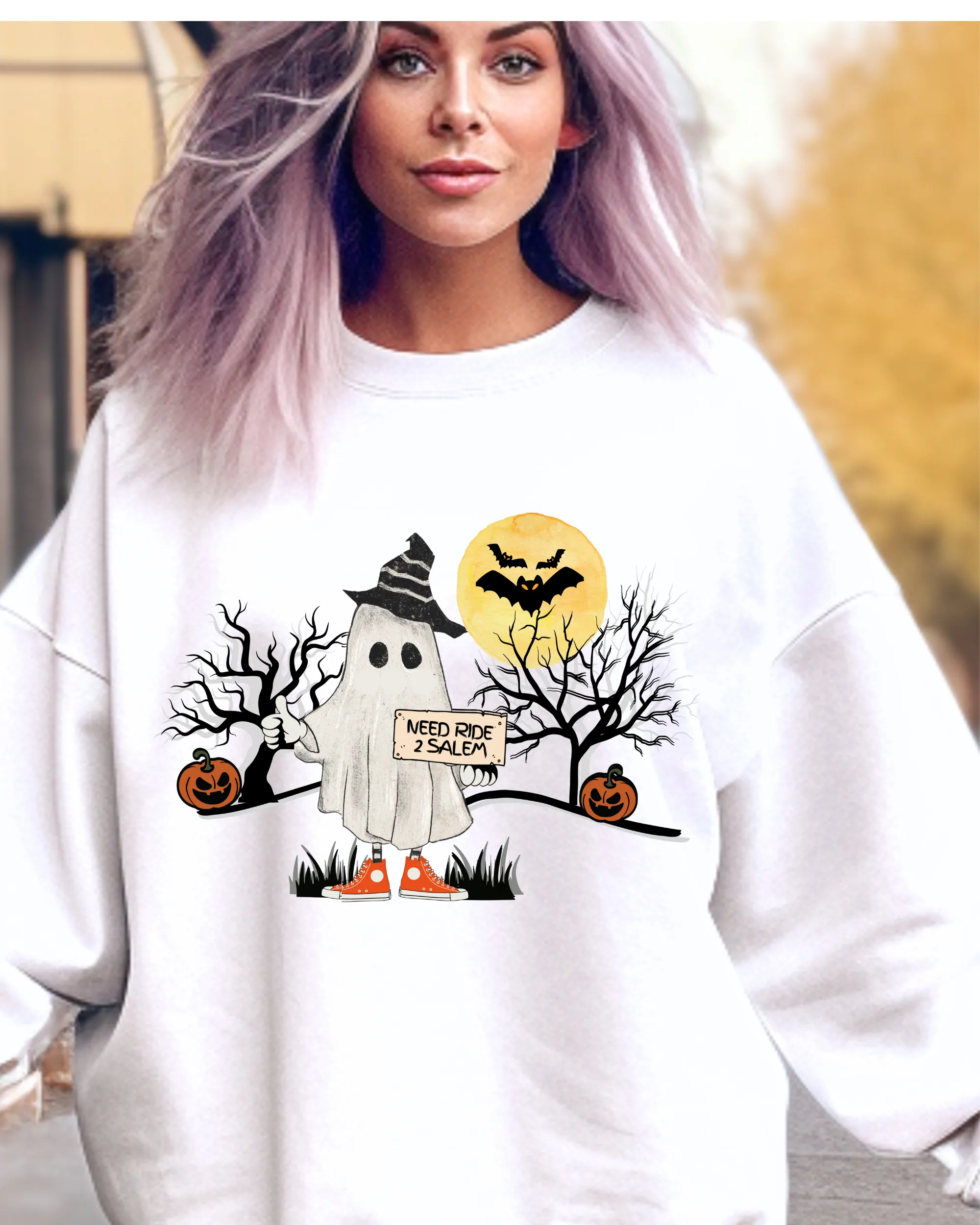 Need Ride 2 Salem Women's Crewneck Sweatshirt, Cute Halloween Pullover