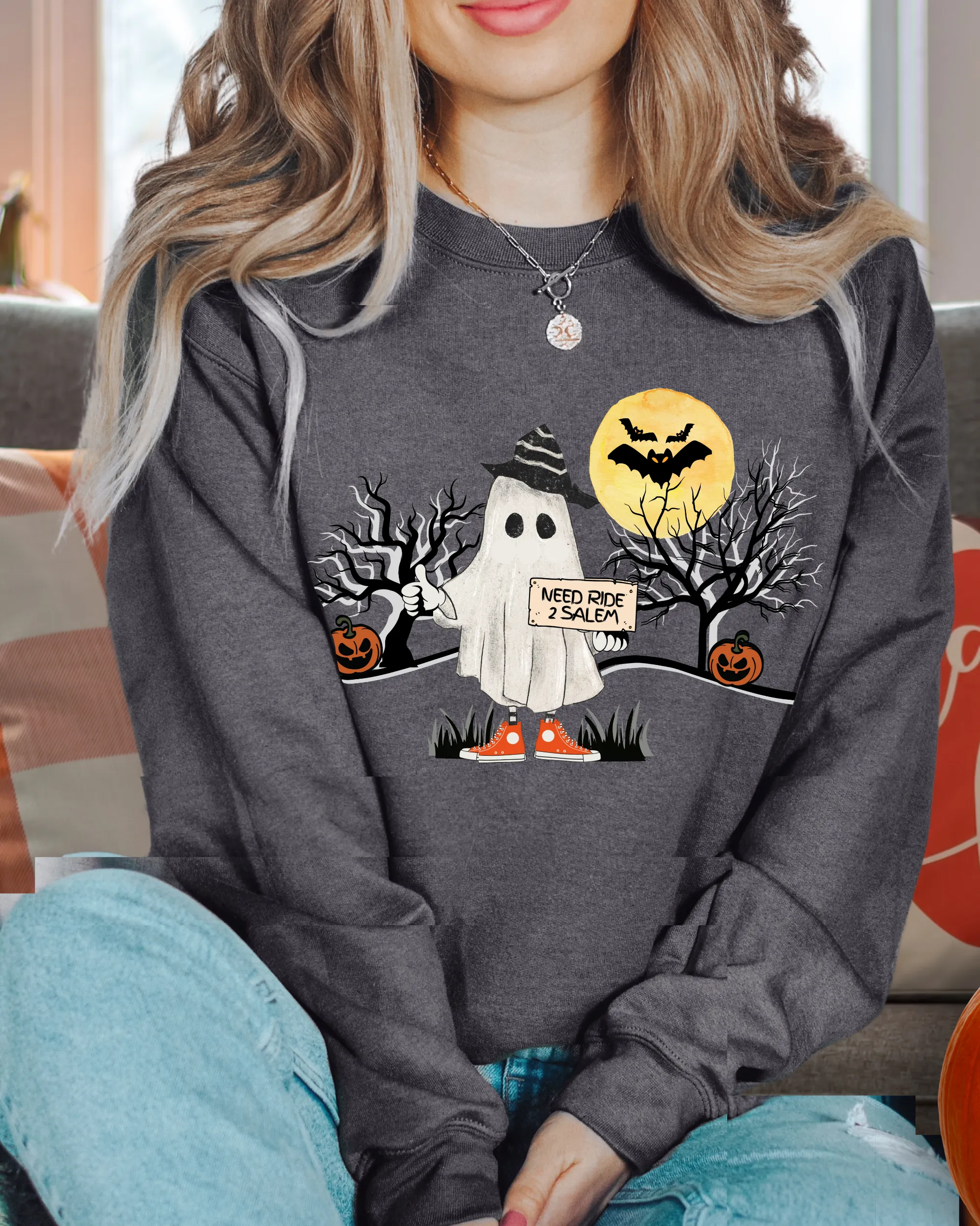 Need Ride 2 Salem Women's Crewneck Sweatshirt, Cute Halloween Pullover