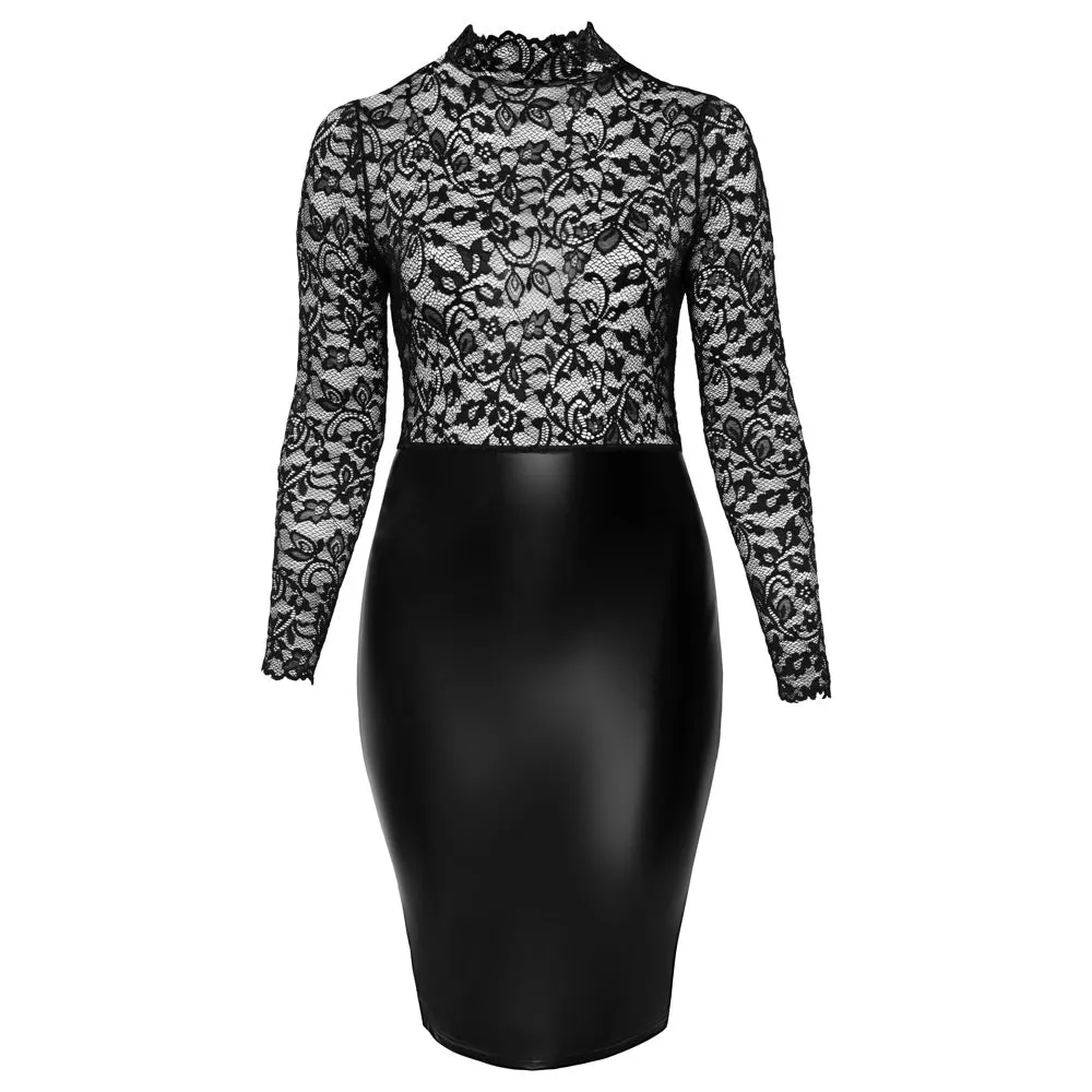 Noir Handmade Lace & Powerwetlook Split Hem Pencil Dress - Curvy