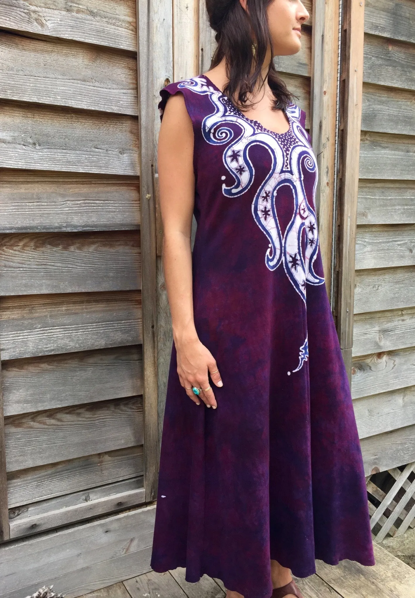 Octopus Tattoo in Deep Maroon Organic Cotton Batik Dress