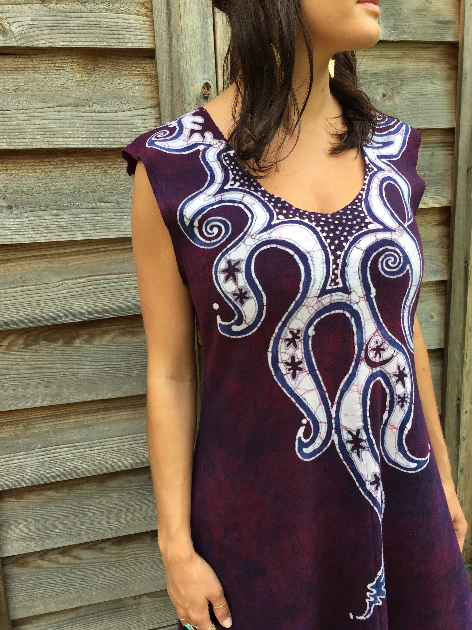 Octopus Tattoo in Deep Maroon Organic Cotton Batik Dress