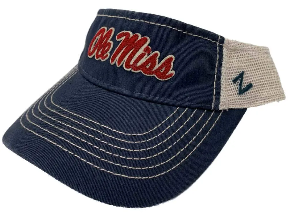 Ole Miss Rebels Zephyr Navy Beige Mesh Adjustable Strap Golf Visor Hat Cap