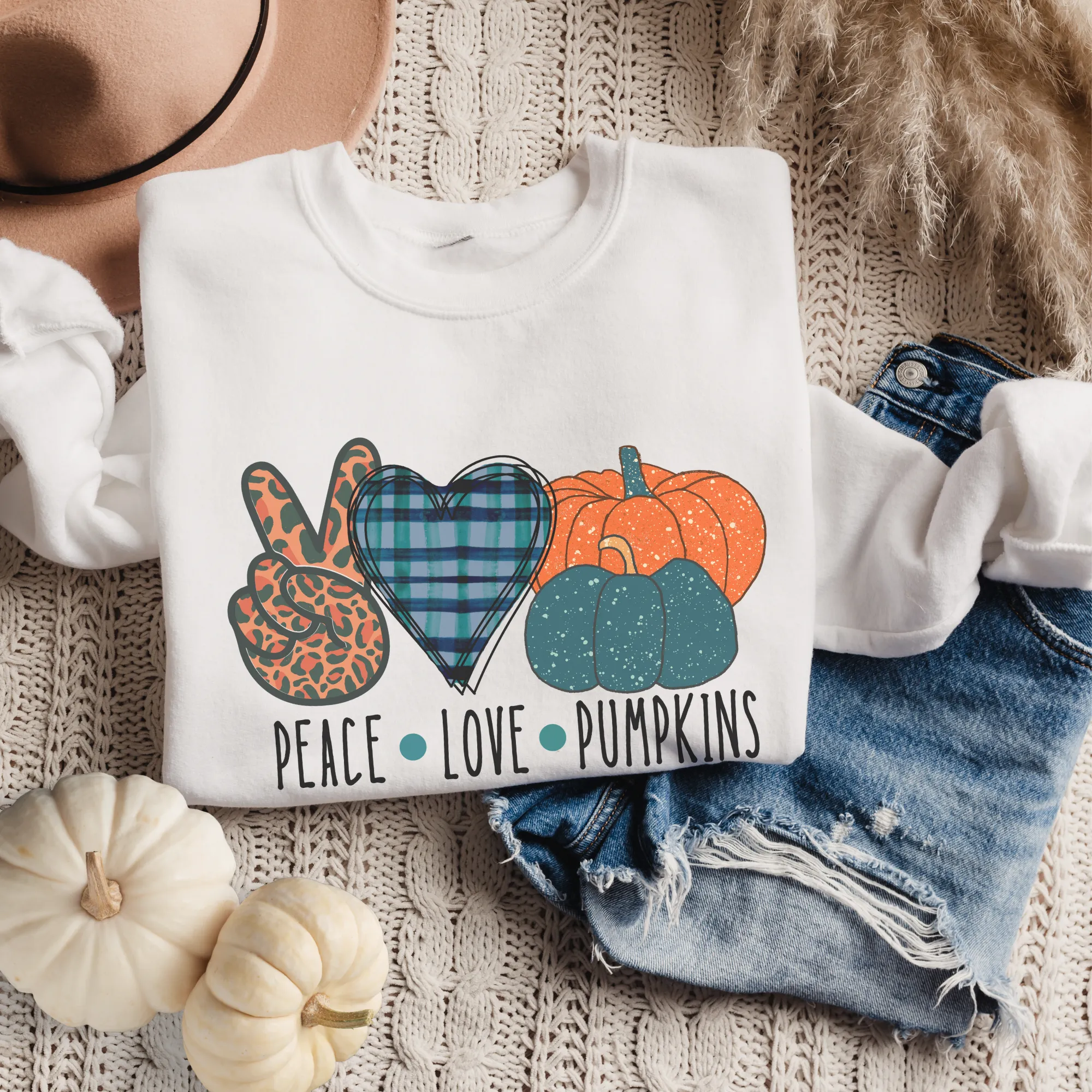 Peace Love Pumpkins Crewneck Sweatshirt Women's Fall Autumn Design Gildan Pullover