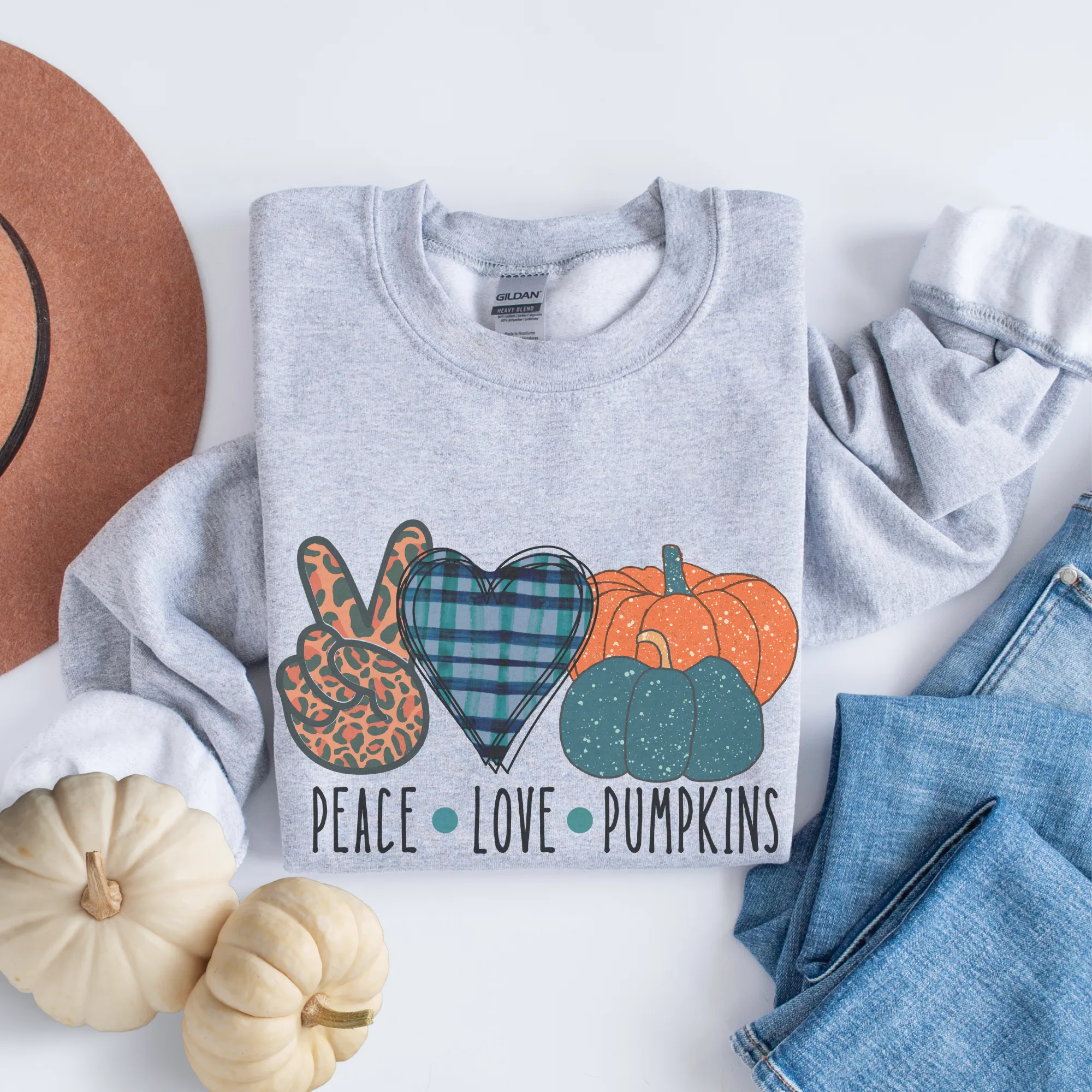 Peace Love Pumpkins Crewneck Sweatshirt Women's Fall Autumn Design Gildan Pullover