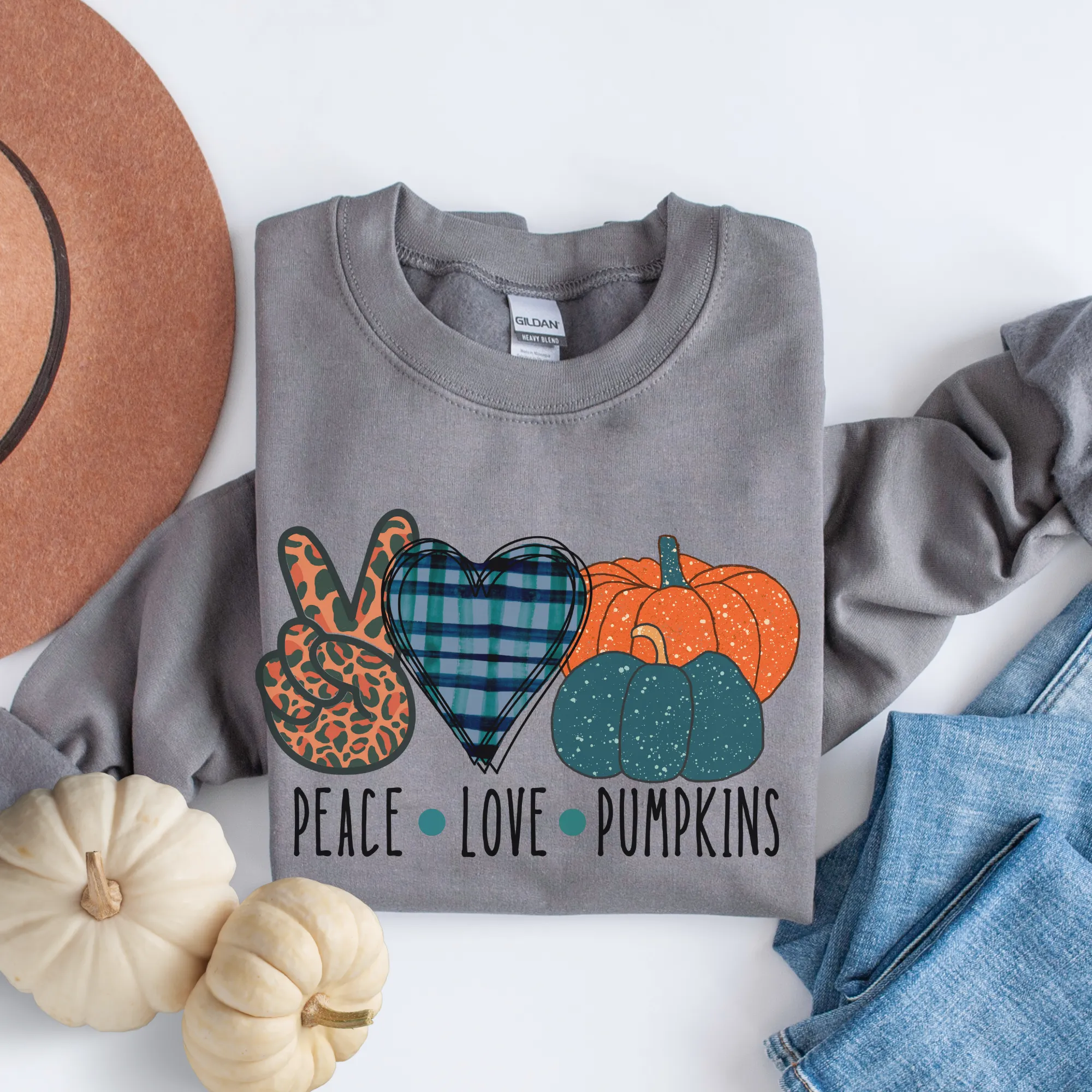 Peace Love Pumpkins Crewneck Sweatshirt Women's Fall Autumn Design Gildan Pullover