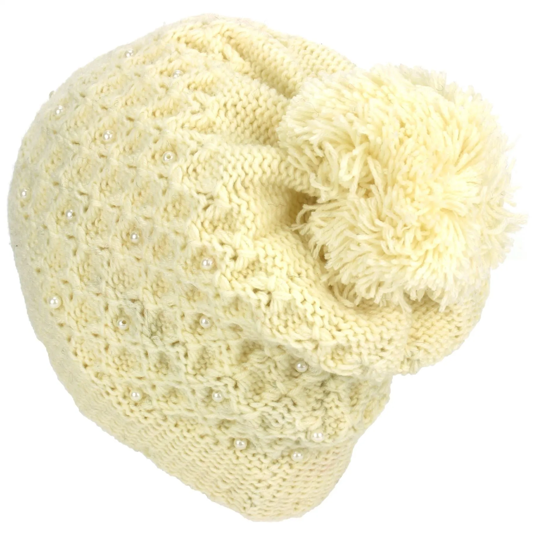 Pearl Lattice Bobble Beanie Hat - Cream